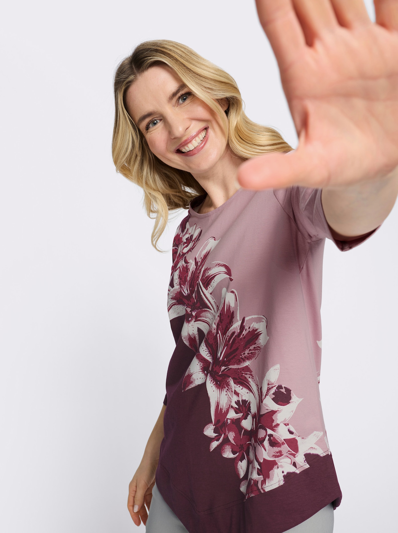 Tunikashirt mit spitz zulaufendem Saum - burgund-mauve-bedruckt