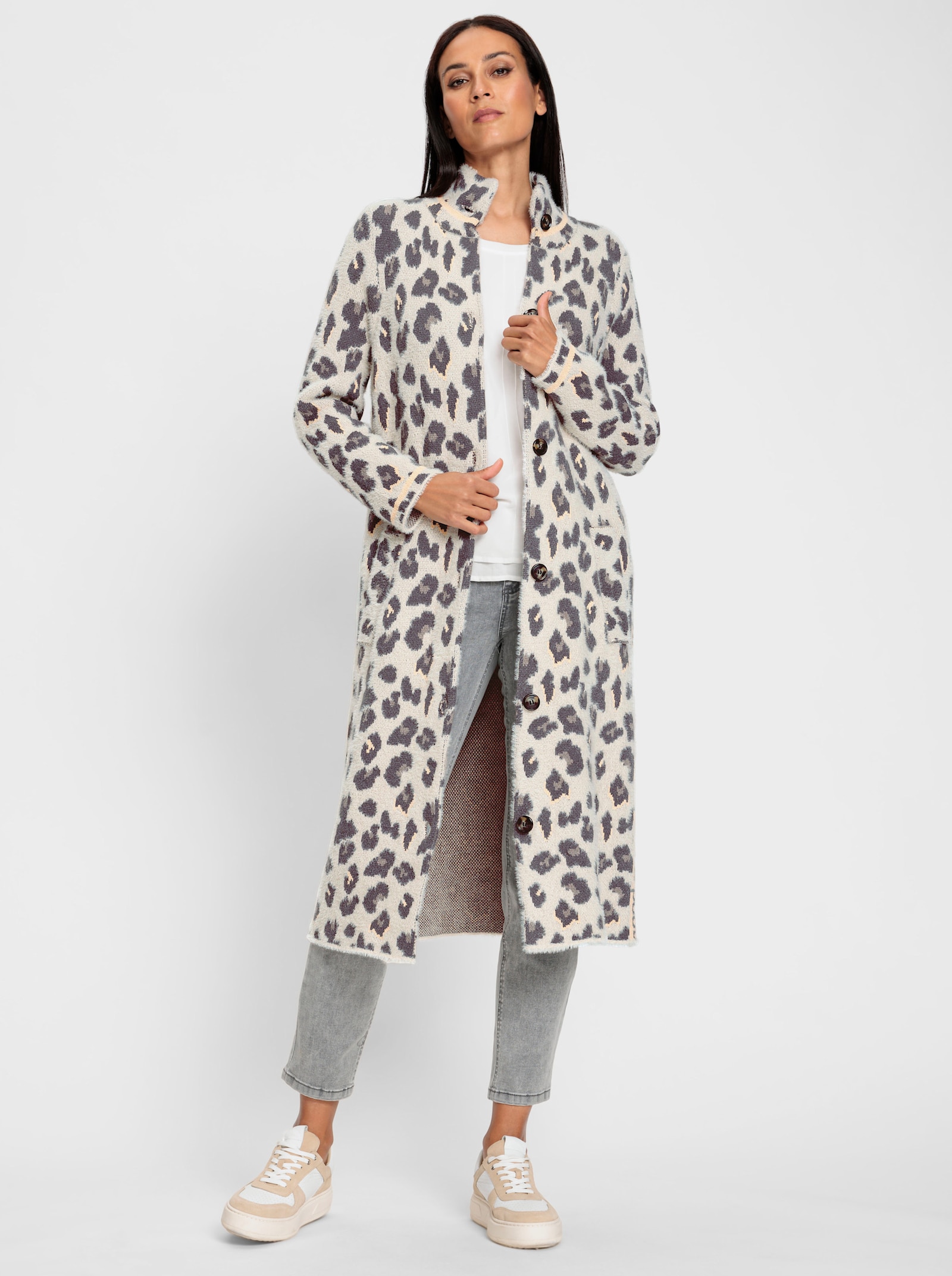 heine Strickmantel mit hohem Stehkragen - elfenbein-taupe-gemustert