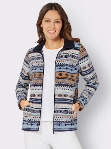 Fleecejacke mit Norweger-Muster - weiß-marine-bedruckt