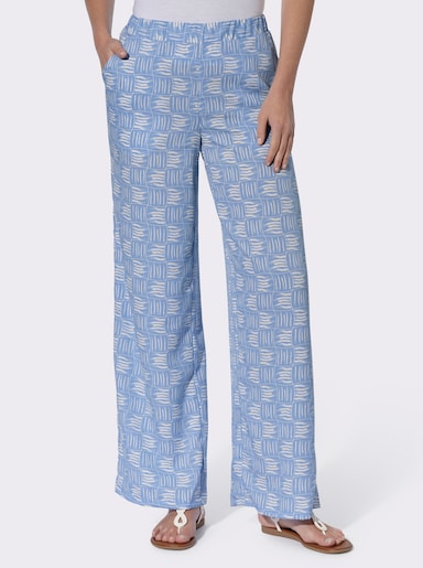 Comfortbroek met 2 zakken - hemelsblauw/ecru bedrukt