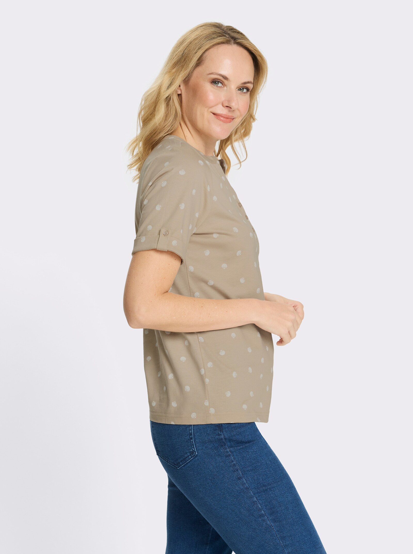 Kurzarmshirt im maritimen Dessin - beige-ecru-bedruckt