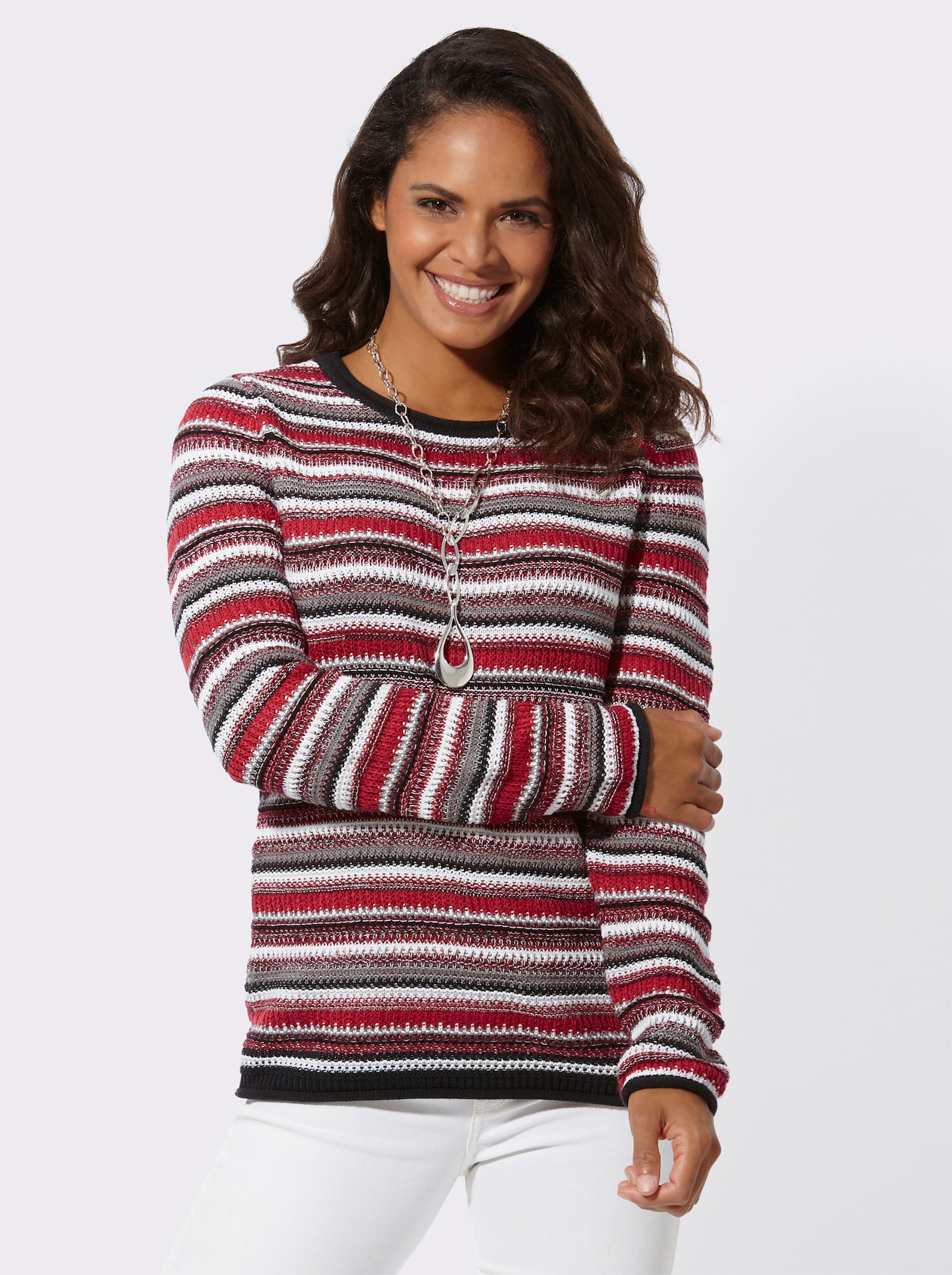 Streifenpullover mit Rollkanten - grau-erdbeere-geringelt