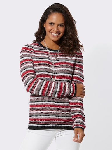 Streifenpullover mit Rollkanten - grau-erdbeere-geringelt