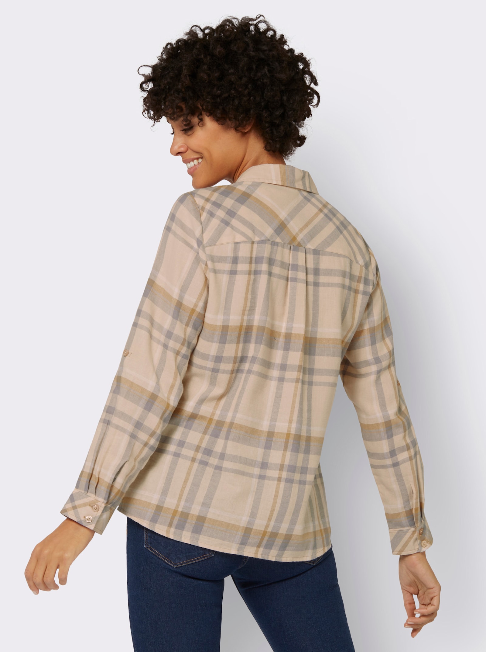 Flanellbluse mit krempelbaren Ärmeln - camel-steingrau-kariert