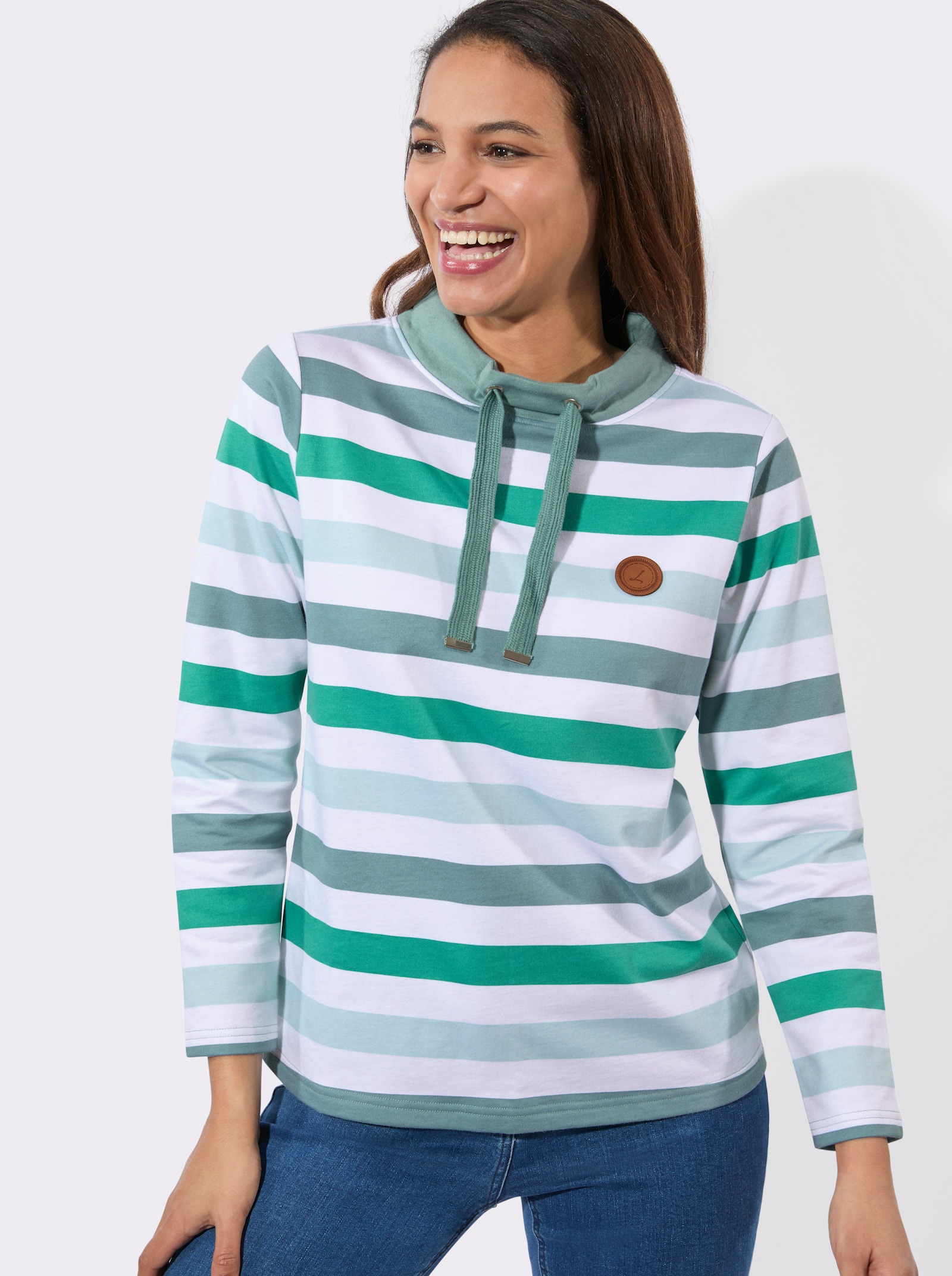 Sweatshirt mit halsfernem Stehkragen - kalkmint-jade-geringelt