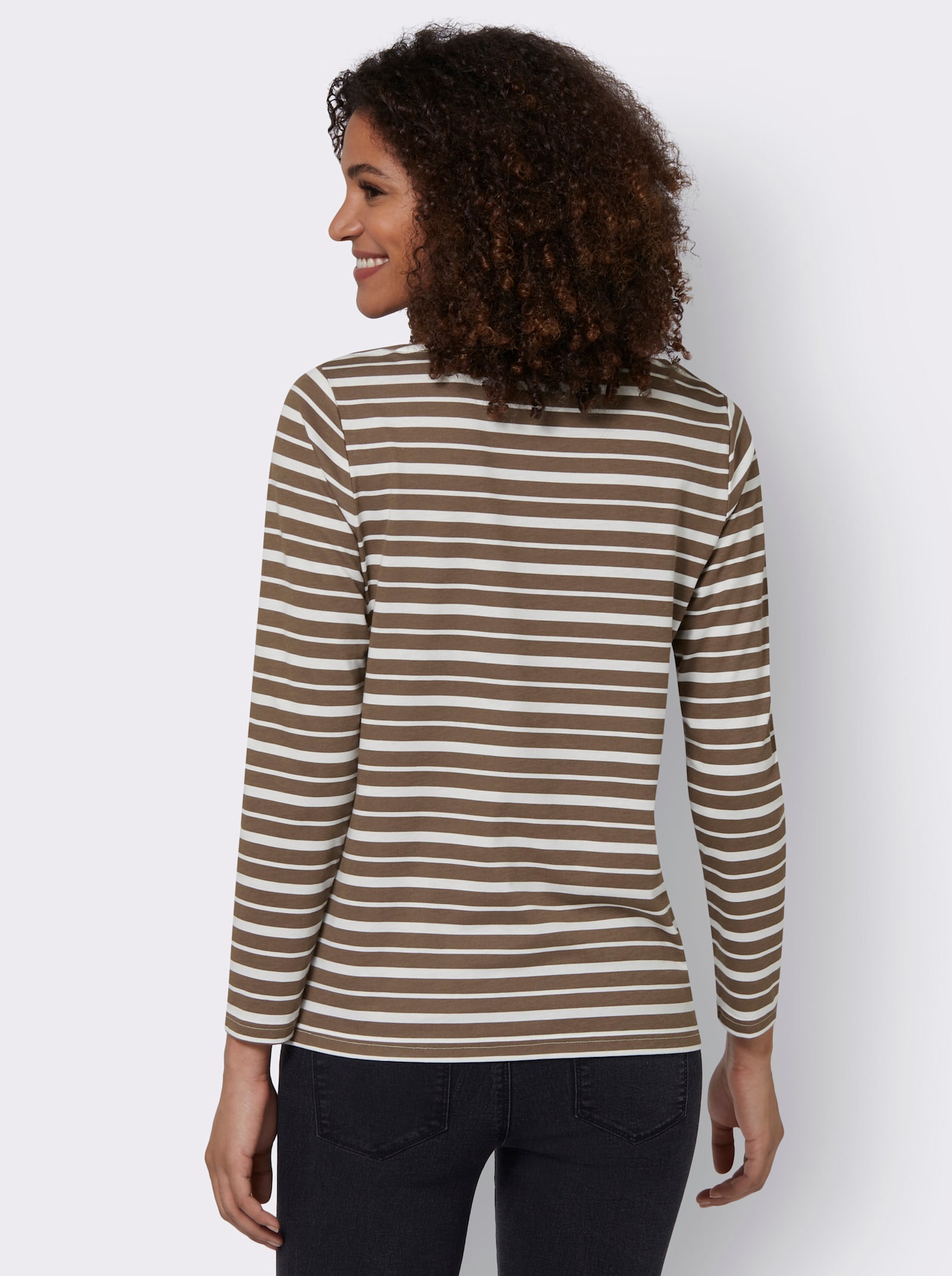 Streifenshirt mit überlappendem Ausschnitt - braun-champagner-geringelt