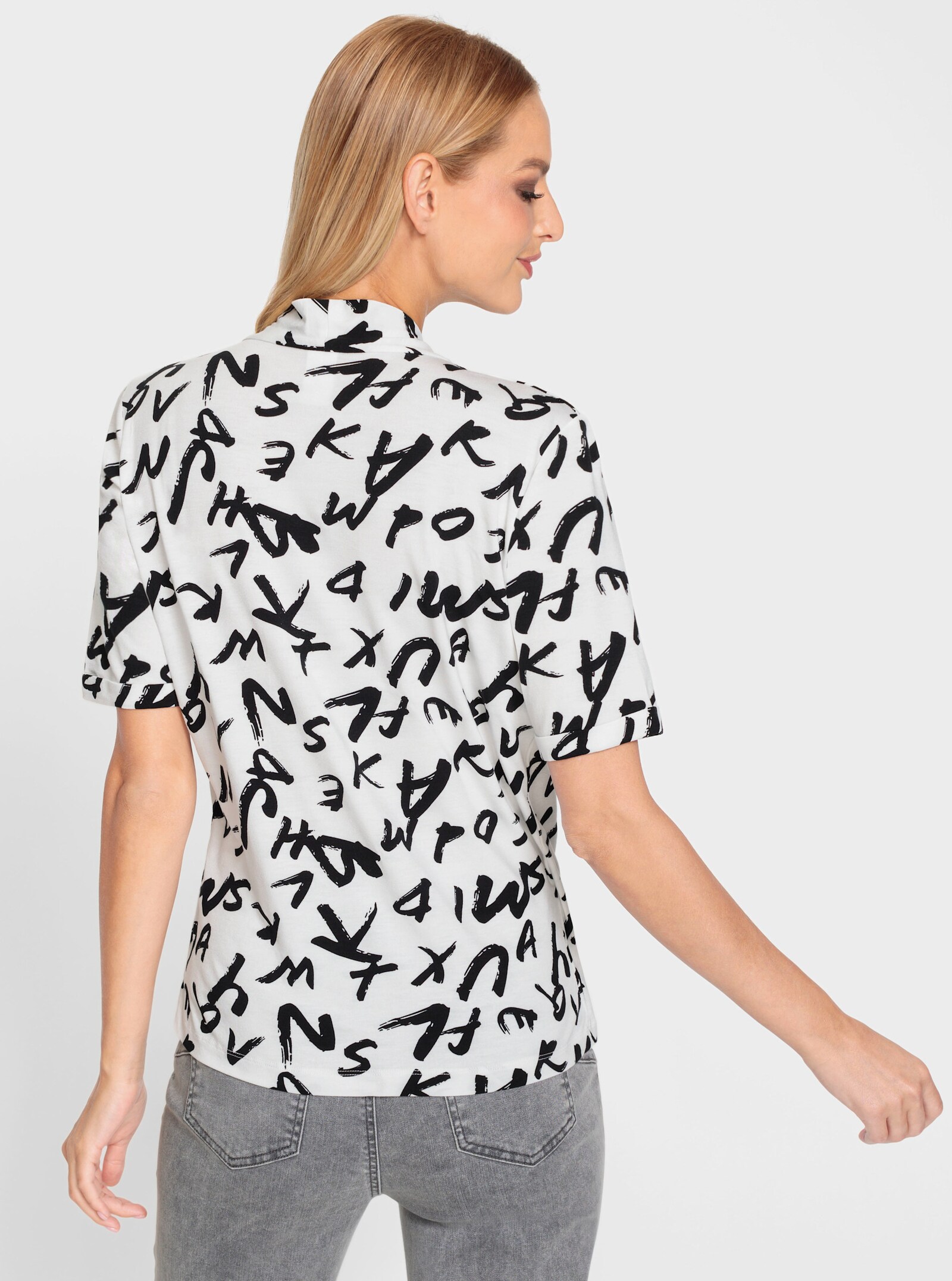 heine Kurzarmshirt in Wickel-Optik - weiß-schwarz-bedruckt