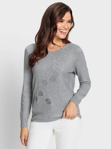 Rundhalspullover mit Flockprint - steingrau-meliert