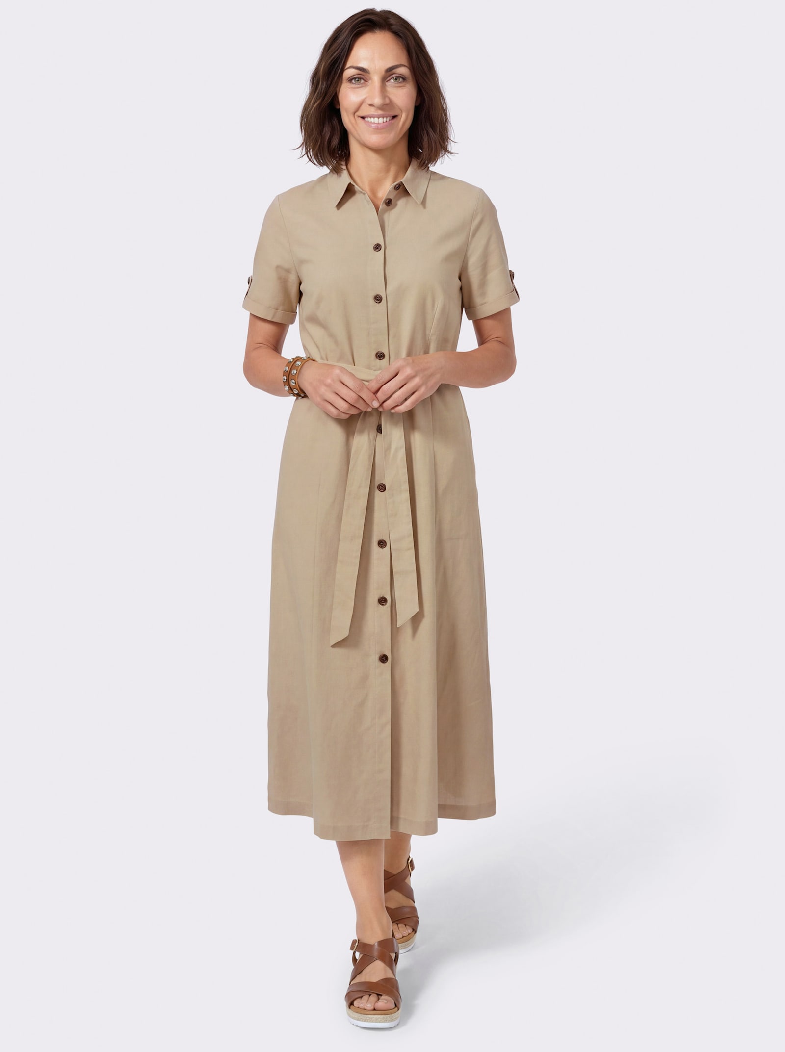Hemdblusenkleid mit Bindegürtel - beige