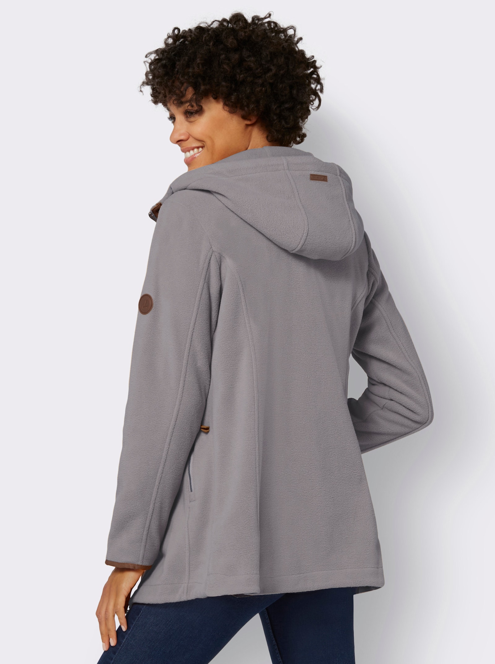 Kapuzenfleecejacke mit verdecktem Reissverschluss - steingrau-meliert