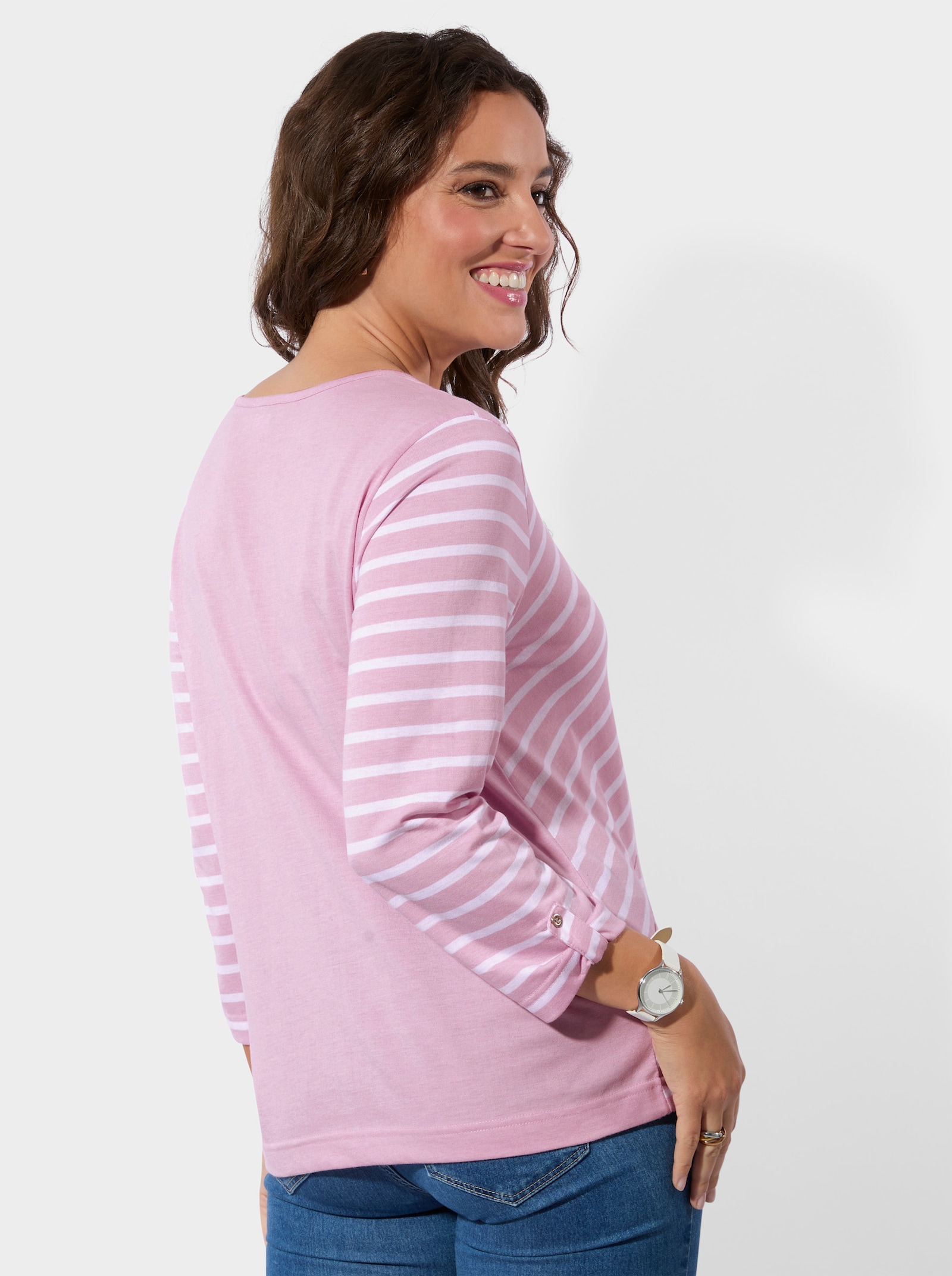 Ringelshirt mit Zierknöpfen - rosé-ecru-gemustert