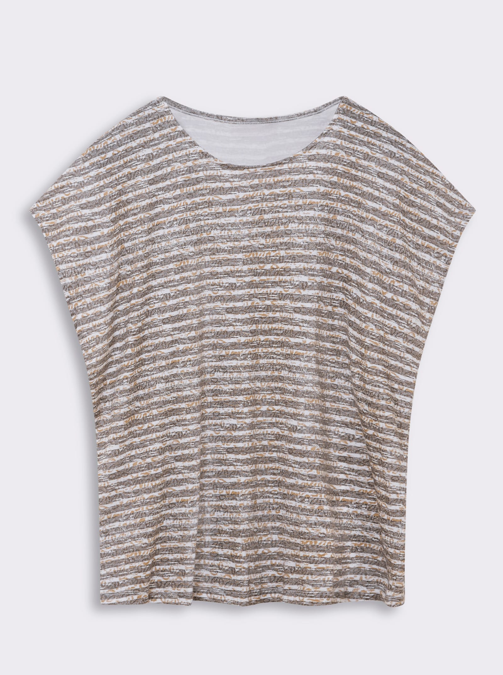 Rundhalsshirt mit weicher Baumwolle - taupe-ecru-geringelt