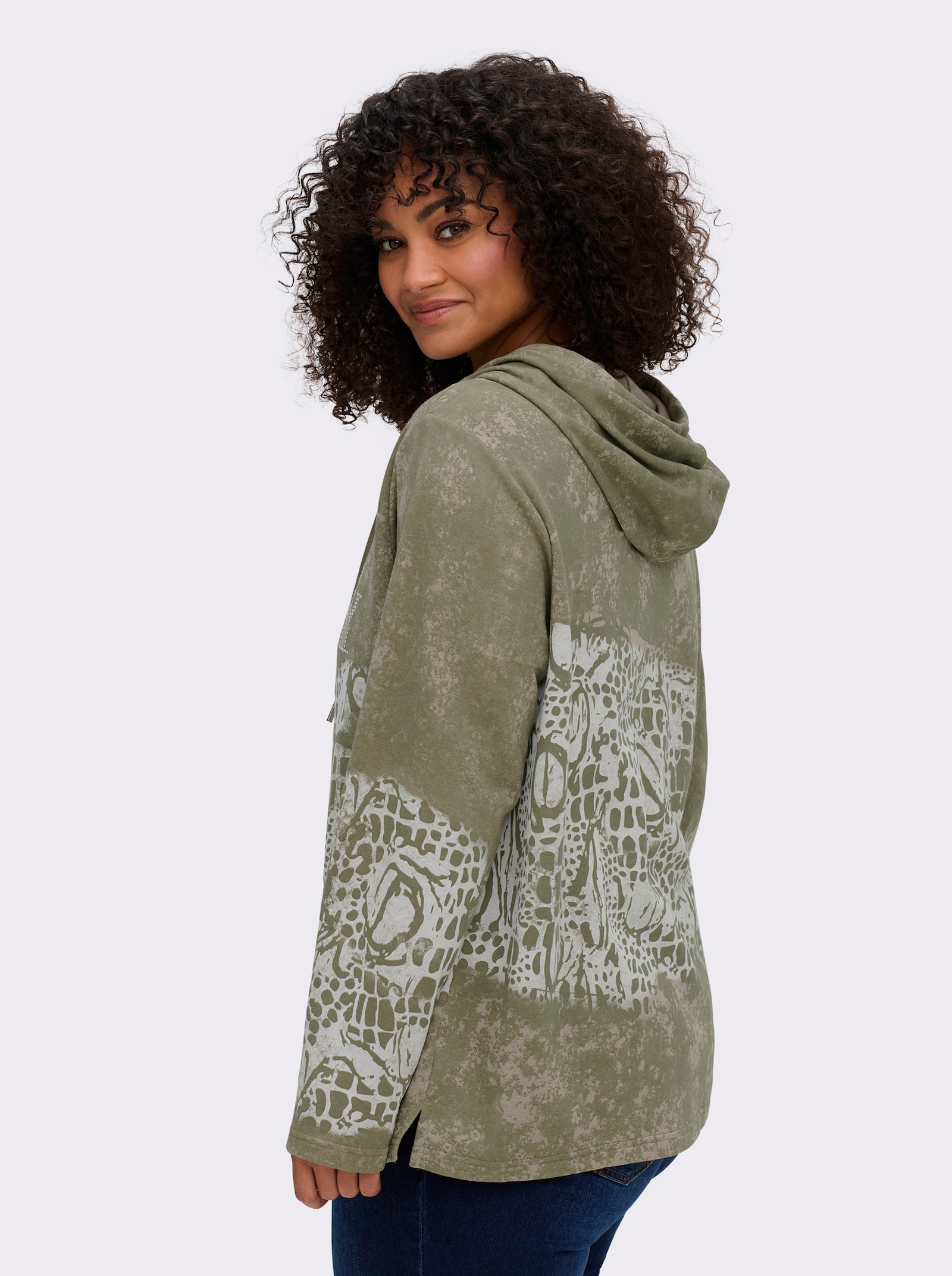 Sweatshirt mit Print und Glitzersteinchen - khaki-ecru-bedruckt