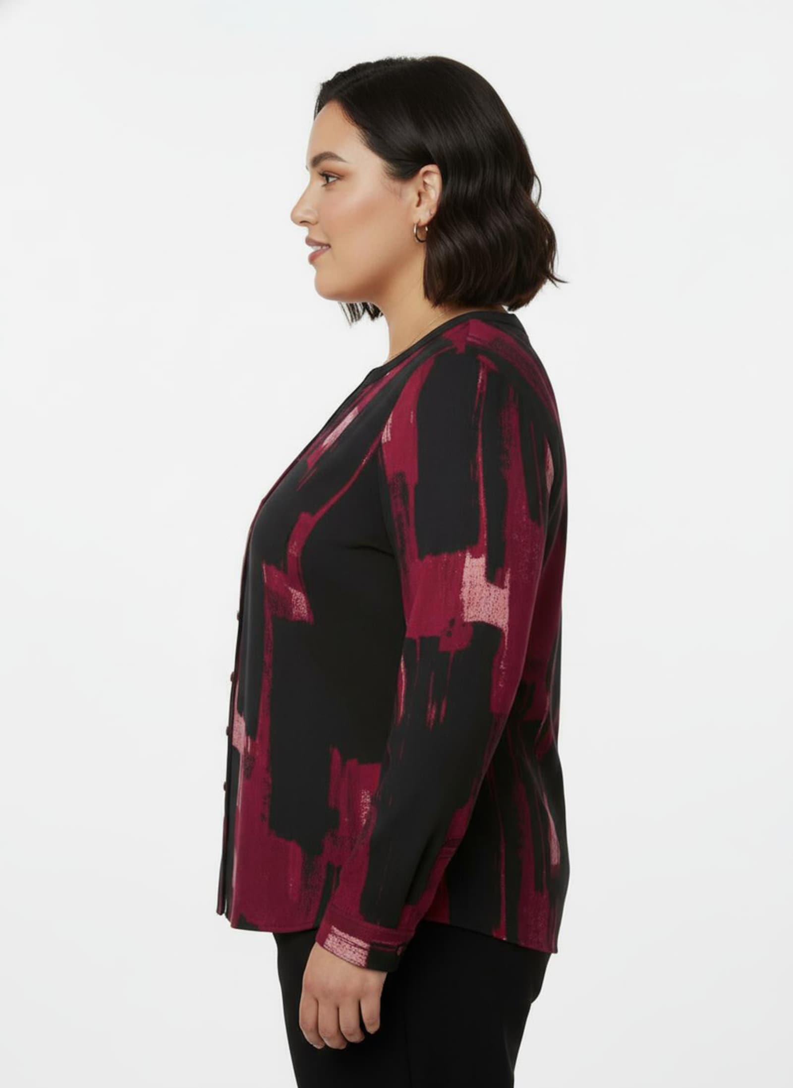 Druckbluse mit Krempelärmeln - schwarz-rot-bedruckt