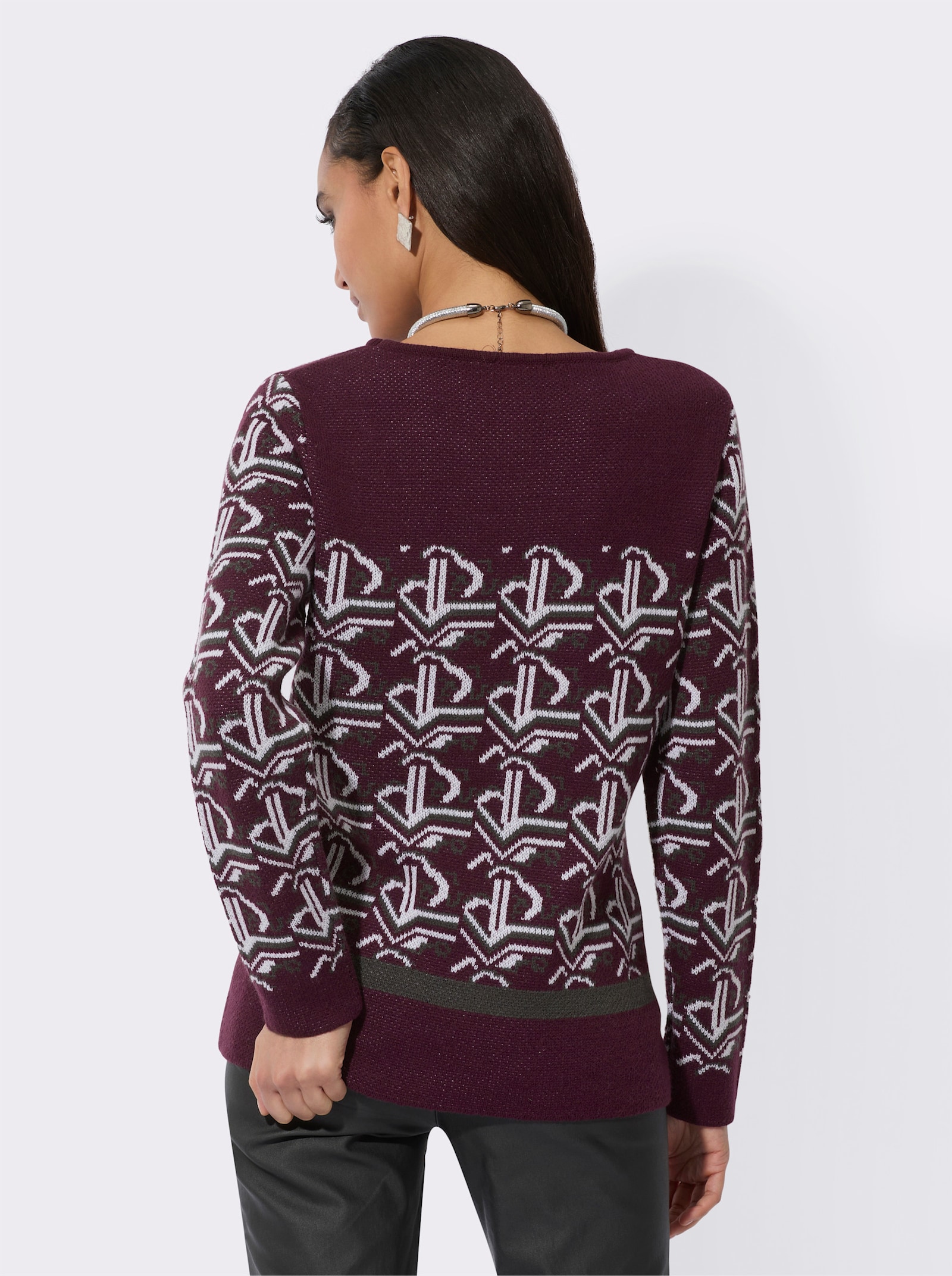 Pull jacquard en mélange de laine mérinos - bordeaux-graphite à motifs