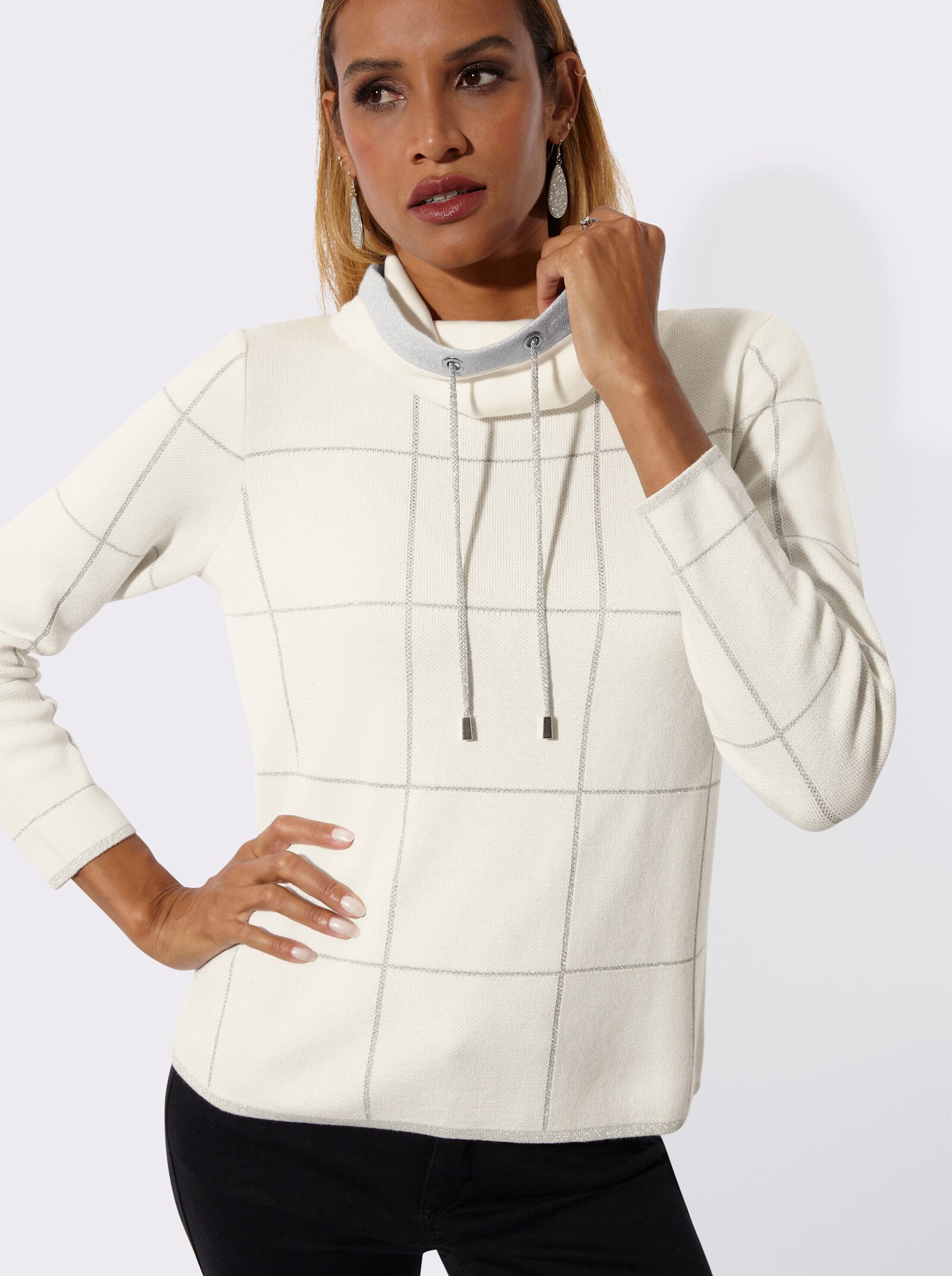 Jacquard-Pullover mit weitenregulierbarem Rollkragen - ecru-silberfarben
