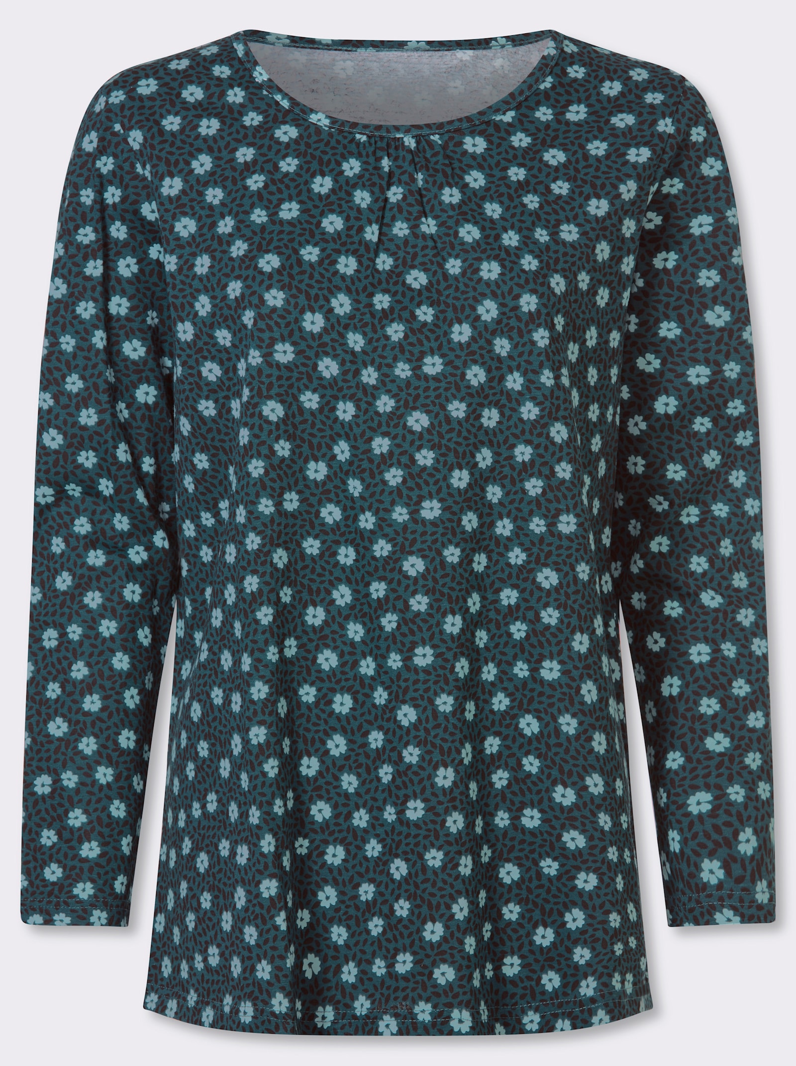 Longshirt in A-Linie - petrol-salbei-bedruckt