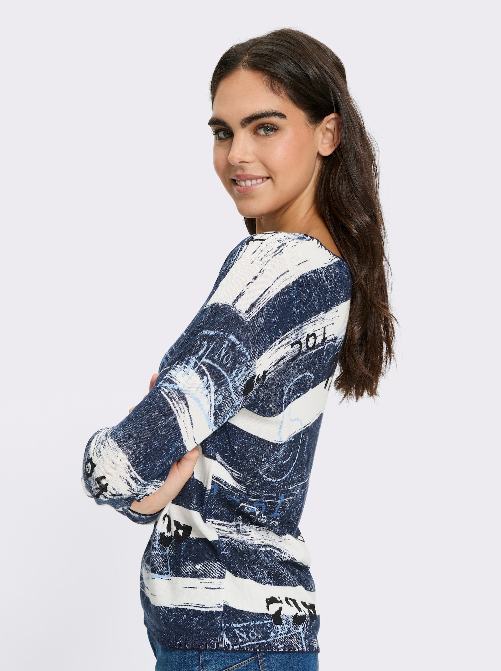 heine Pull à manches longues et large encolure ronde - bleu jean-écru imprimé