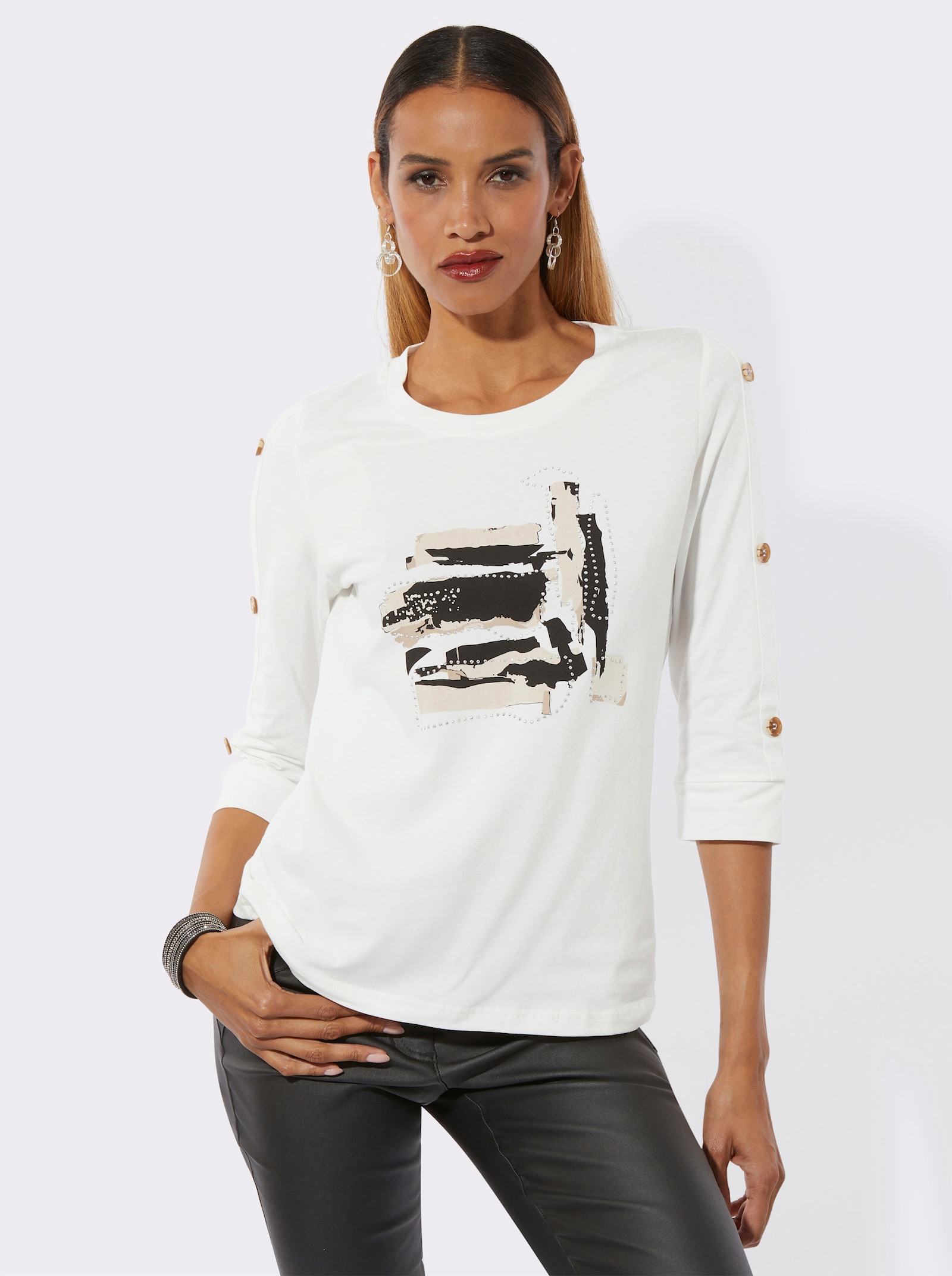 Rundhalsshirt mit Zierknopfleiste - ecru-schwarz-bedruckt