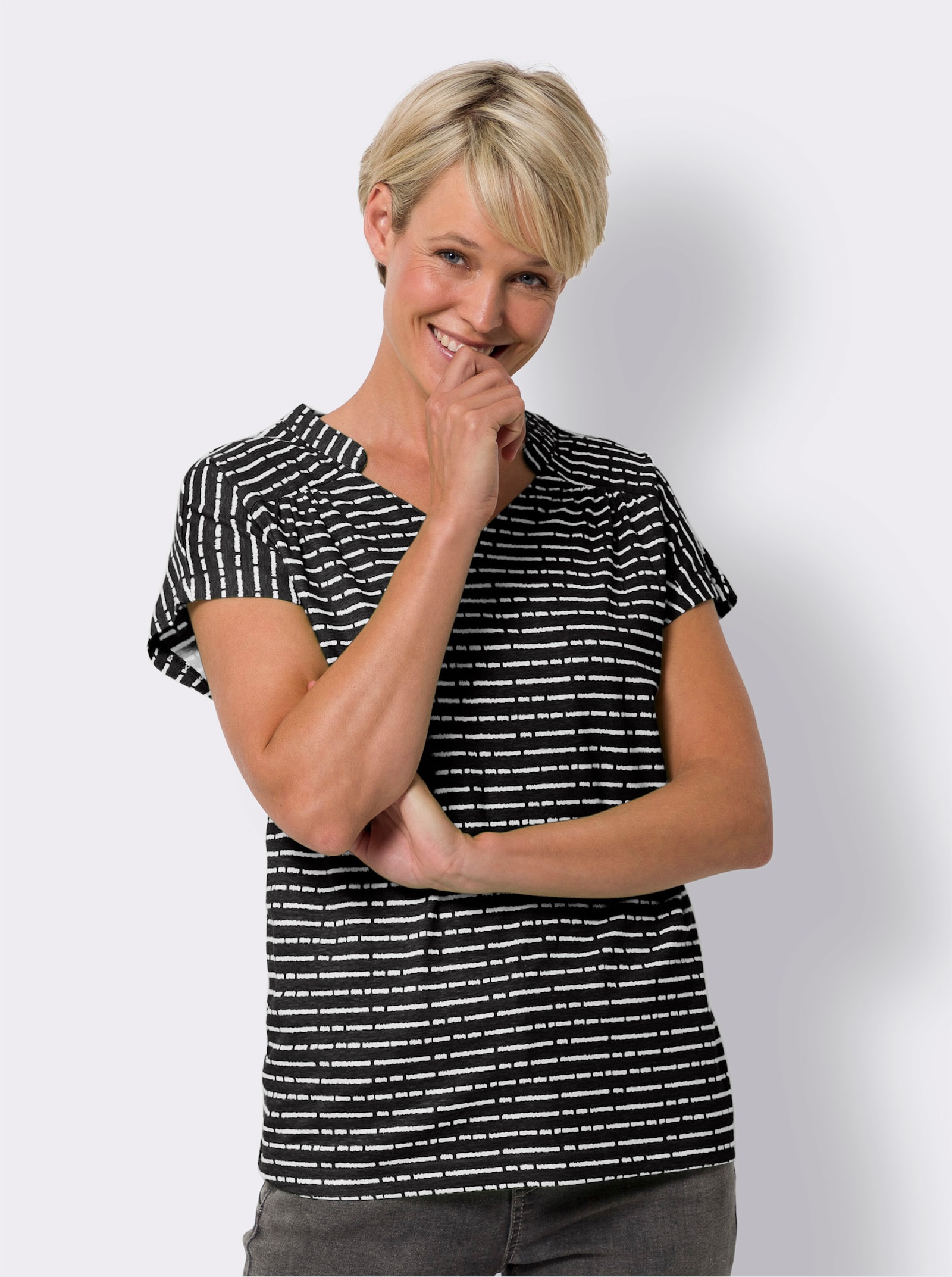 Shirt mit Stehkragen und V-Ausschnitt - schwarz-weiß-geringelt