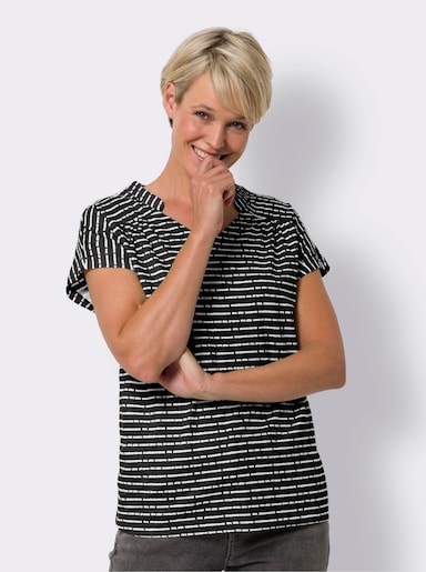 Shirt mit Stehkragen und V-Ausschnitt - schwarz-weiß-geringelt