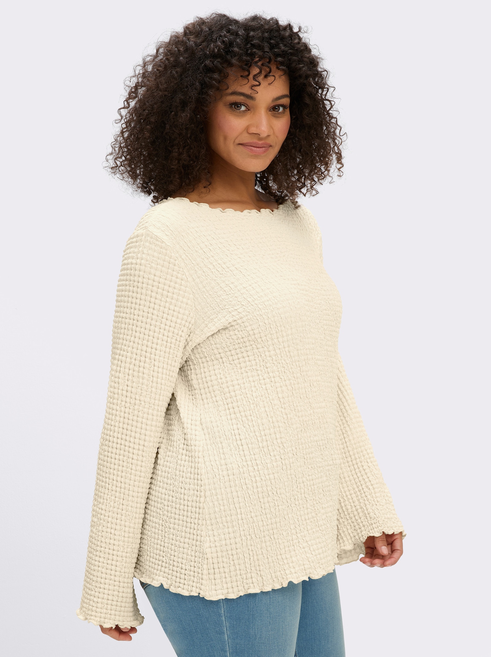 sheego Langarmshirt aus stretchiger Smok-Qualität - champagner