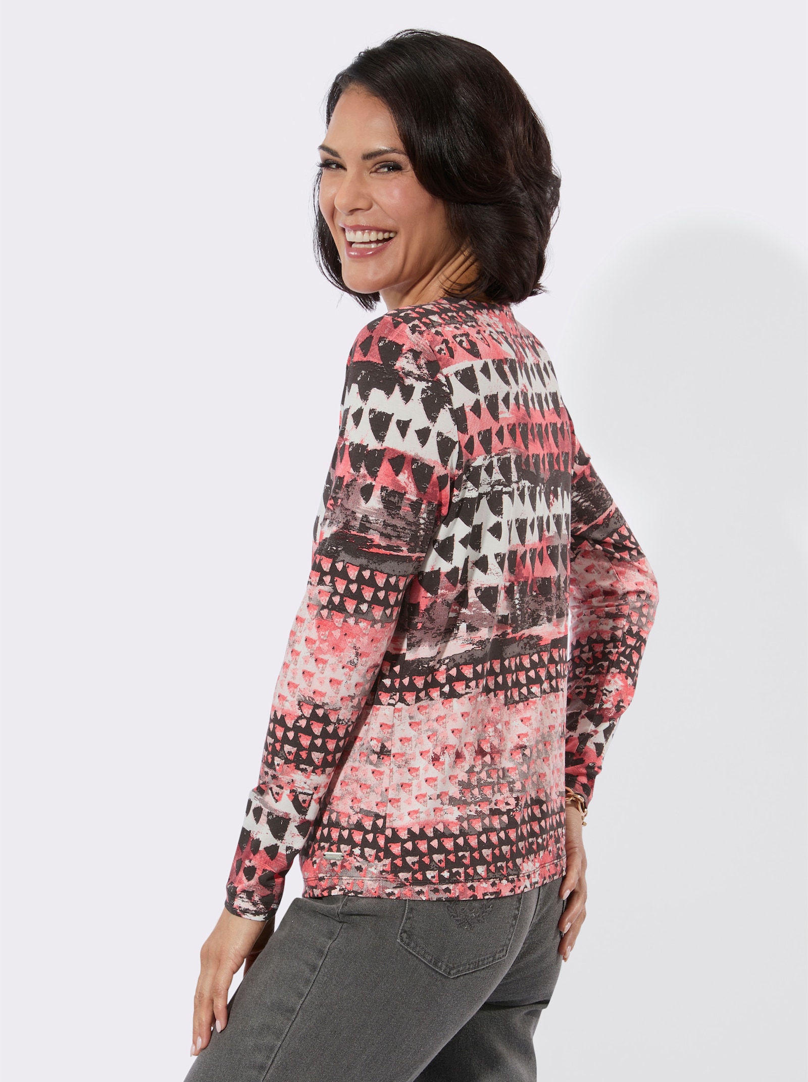 Rundhals-Shirt - koralle-ecru-bedruckt