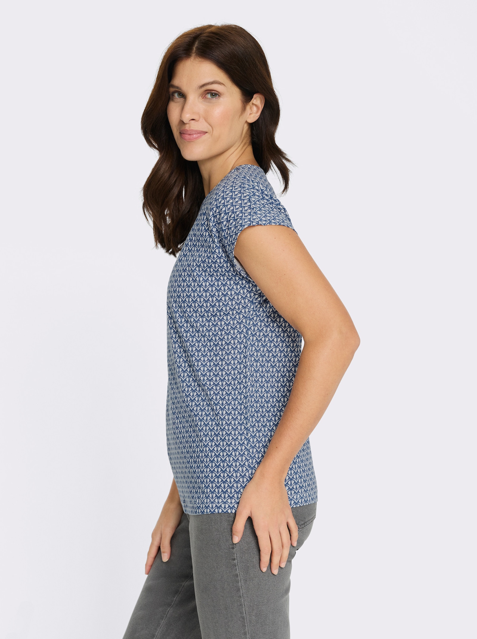 Rundhalsshirt mit Minimaldessin - jeansblau-ecru-bedruckt