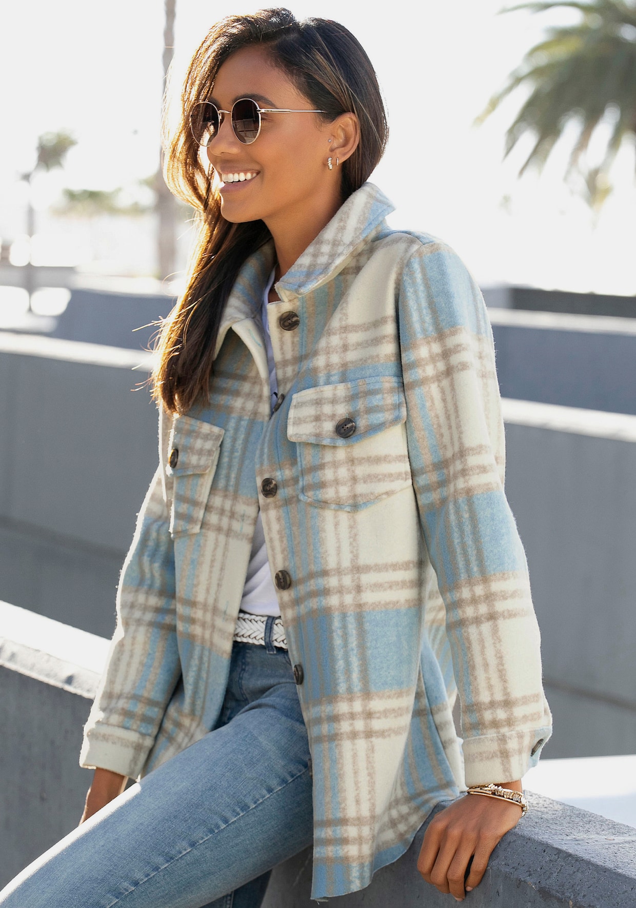 LASCANA Hemdjacke - creme-blau-kariert