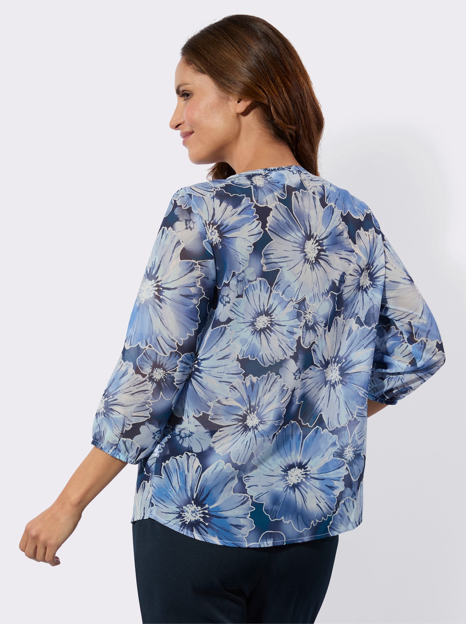 Blouse met print en smokinzet - donkerblauw/ijsblauw bedrukt