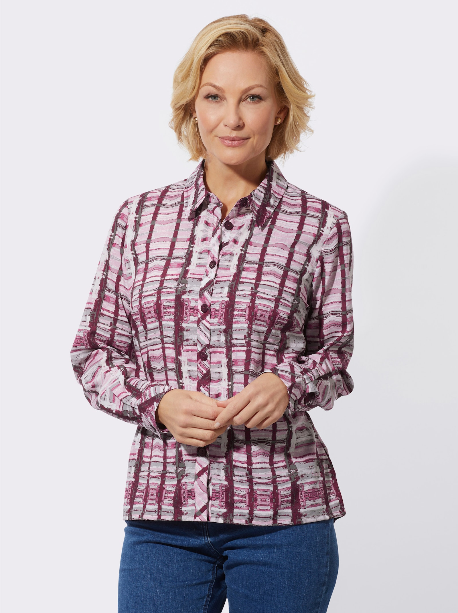 Blouse met lange mouwen en overhemdkraag - roze/bordeaux bedrukt