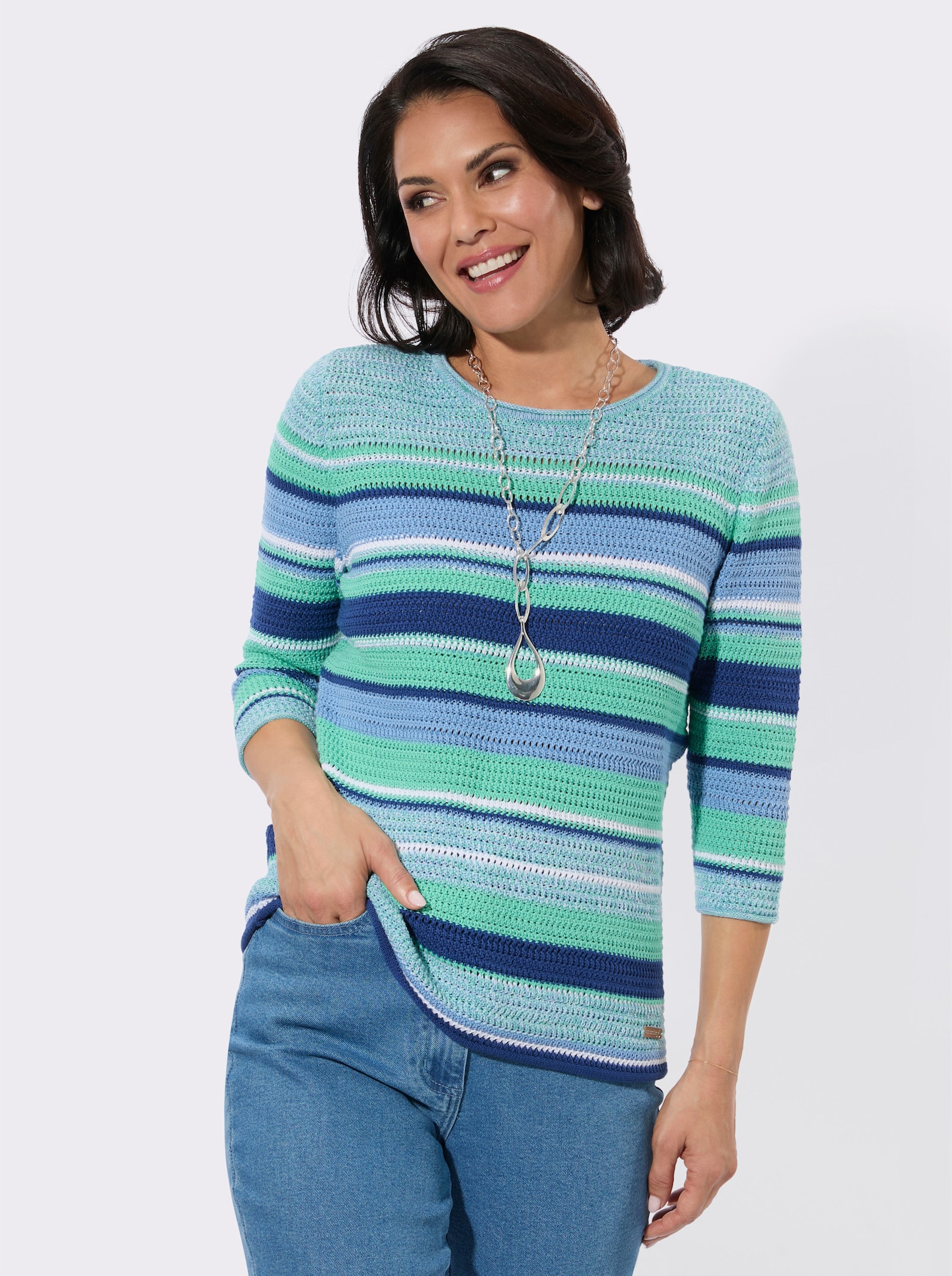 Rundhalspullover in Melange-Optik - blaugrün-weiß-gemustert