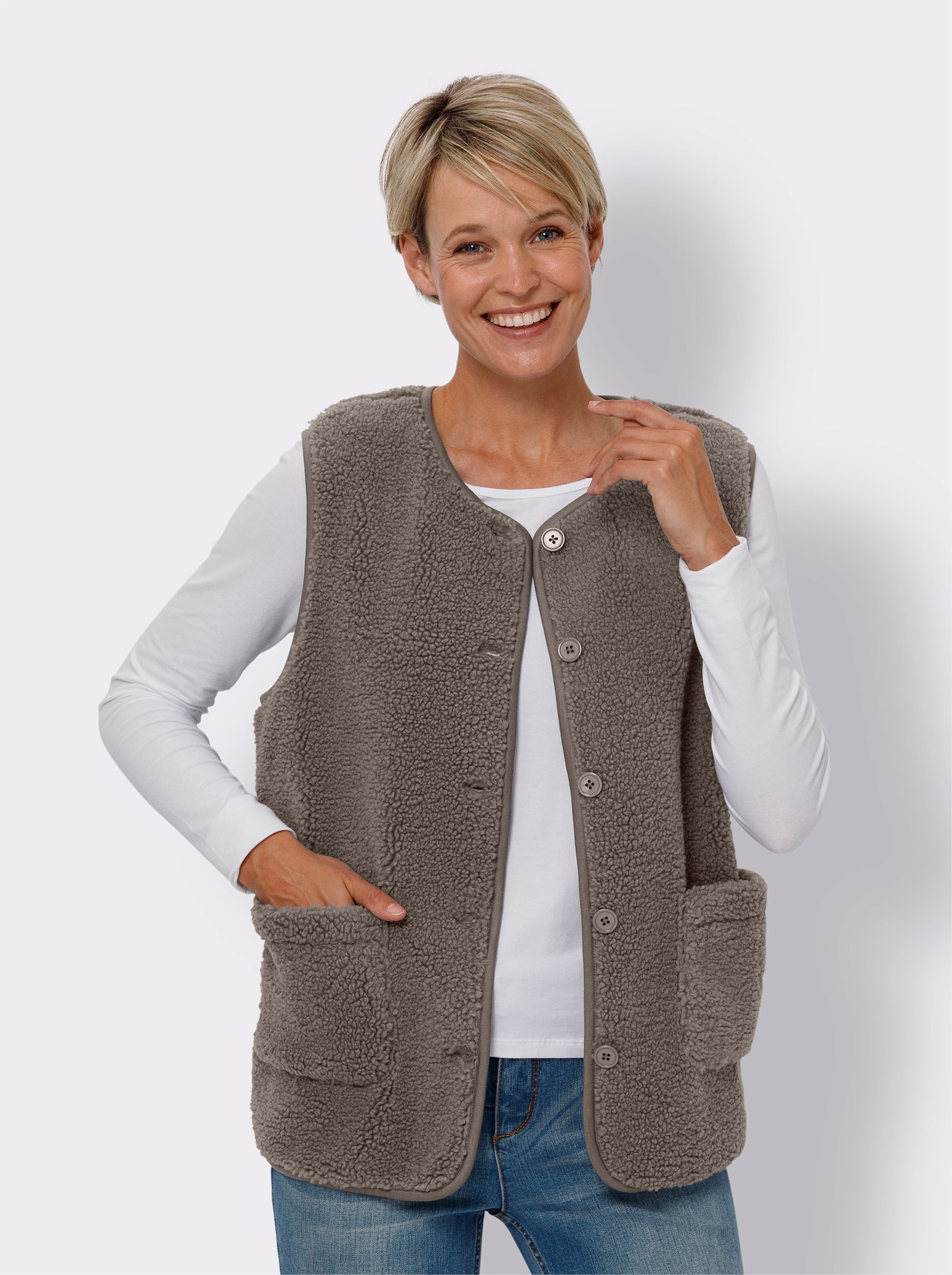 Fleecová vesta na knoflíky - taupe