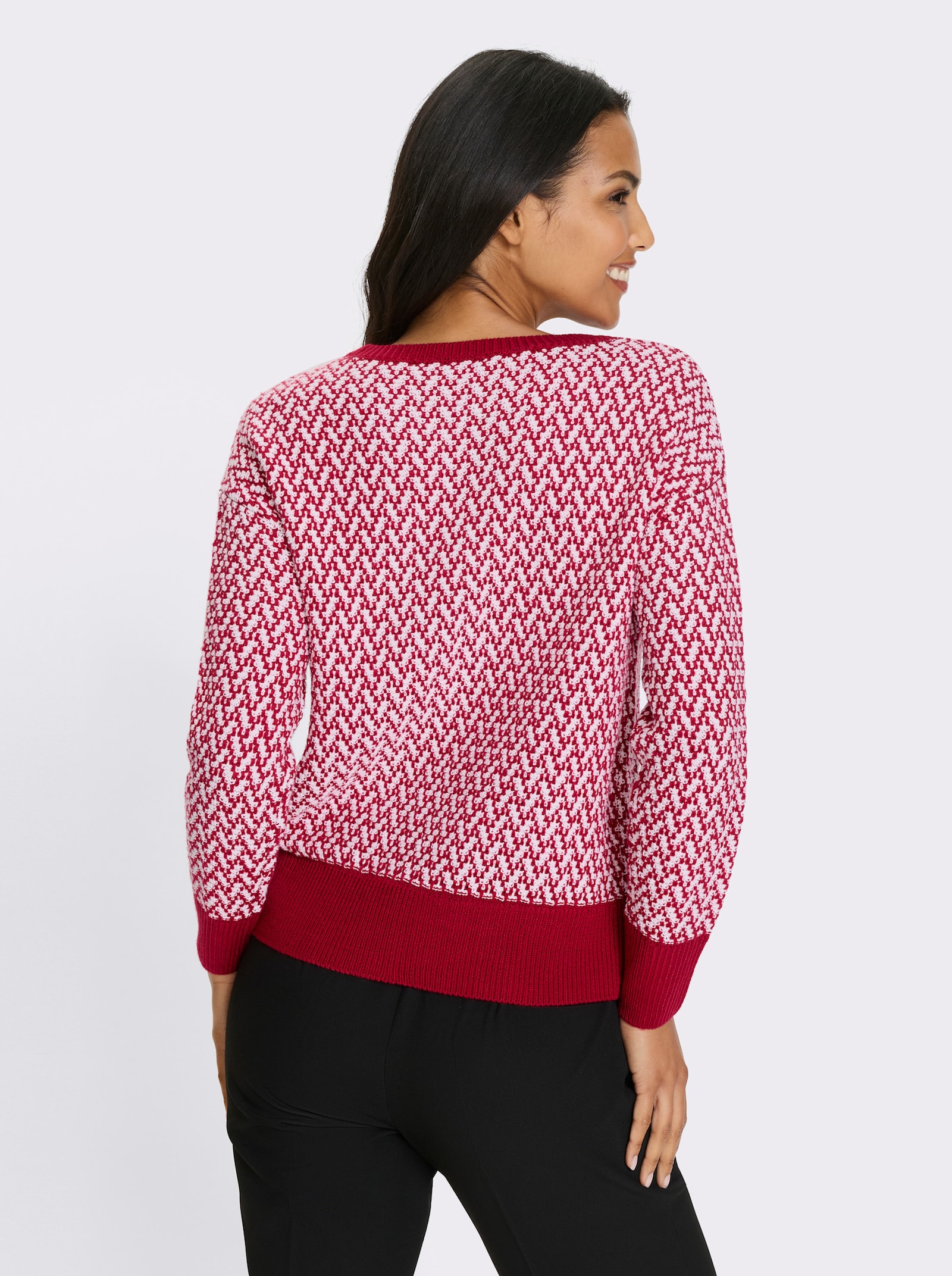 Tröja med rund halsringning i tvåfärgad look - röd-vit, mönstrad