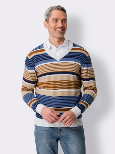 V-Ausschnitt-Pullover mit Ringel-Muster - beige-mittelblau-gemustert