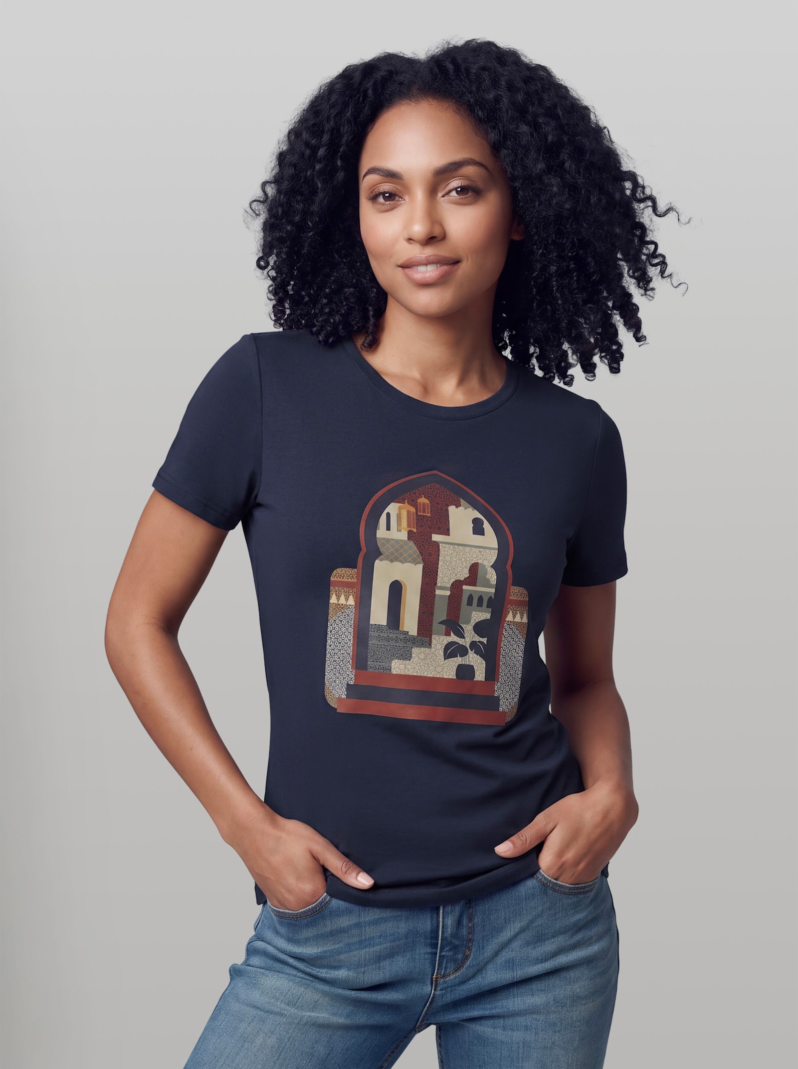 heine Kurzarmshirt mit Frontprint - marine