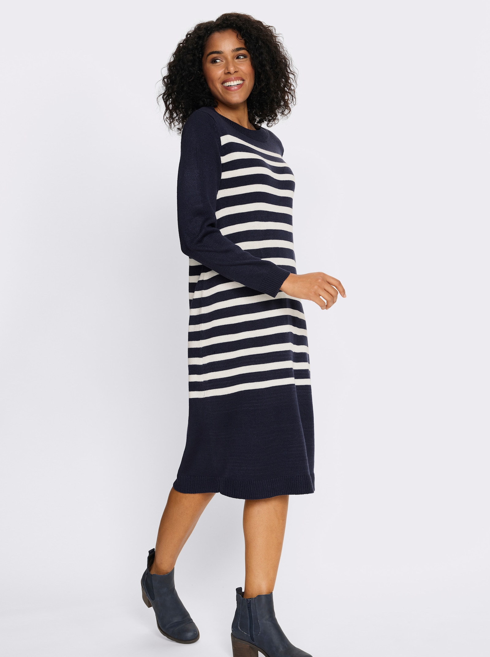 Gebreide jurk met contraststrepen - marine/ecru gestreept