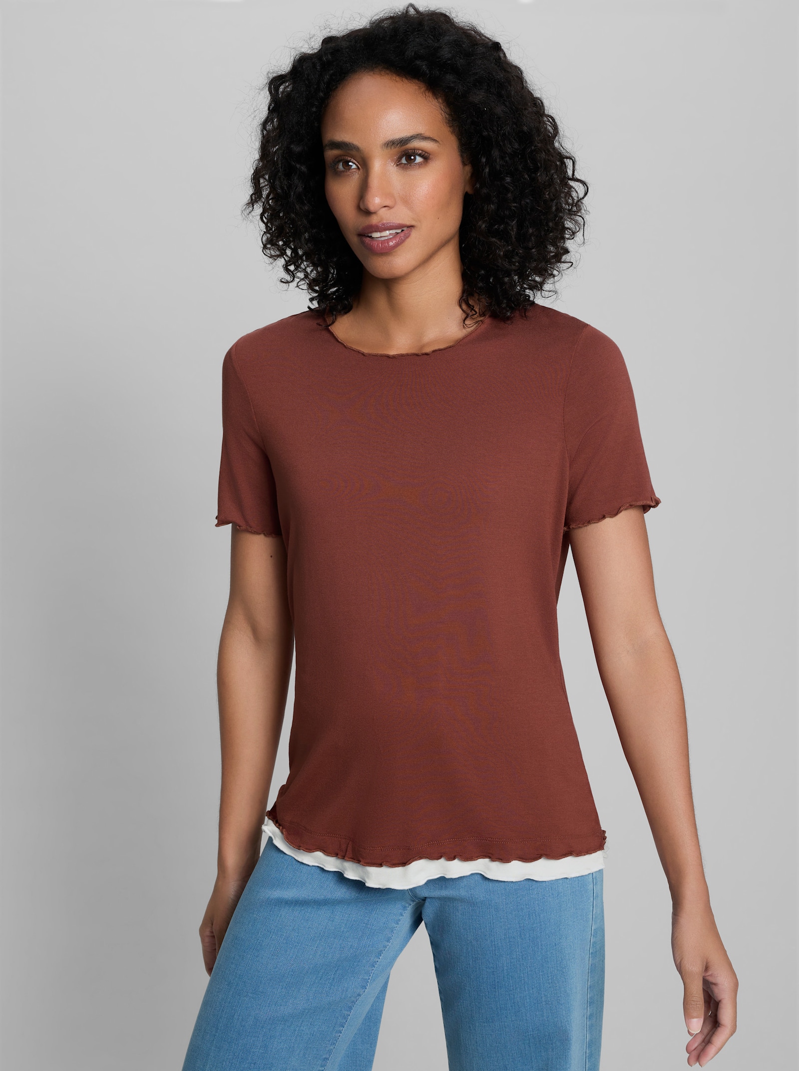 heine Kurzarmshirt mit Wellenkanten - rotbraun