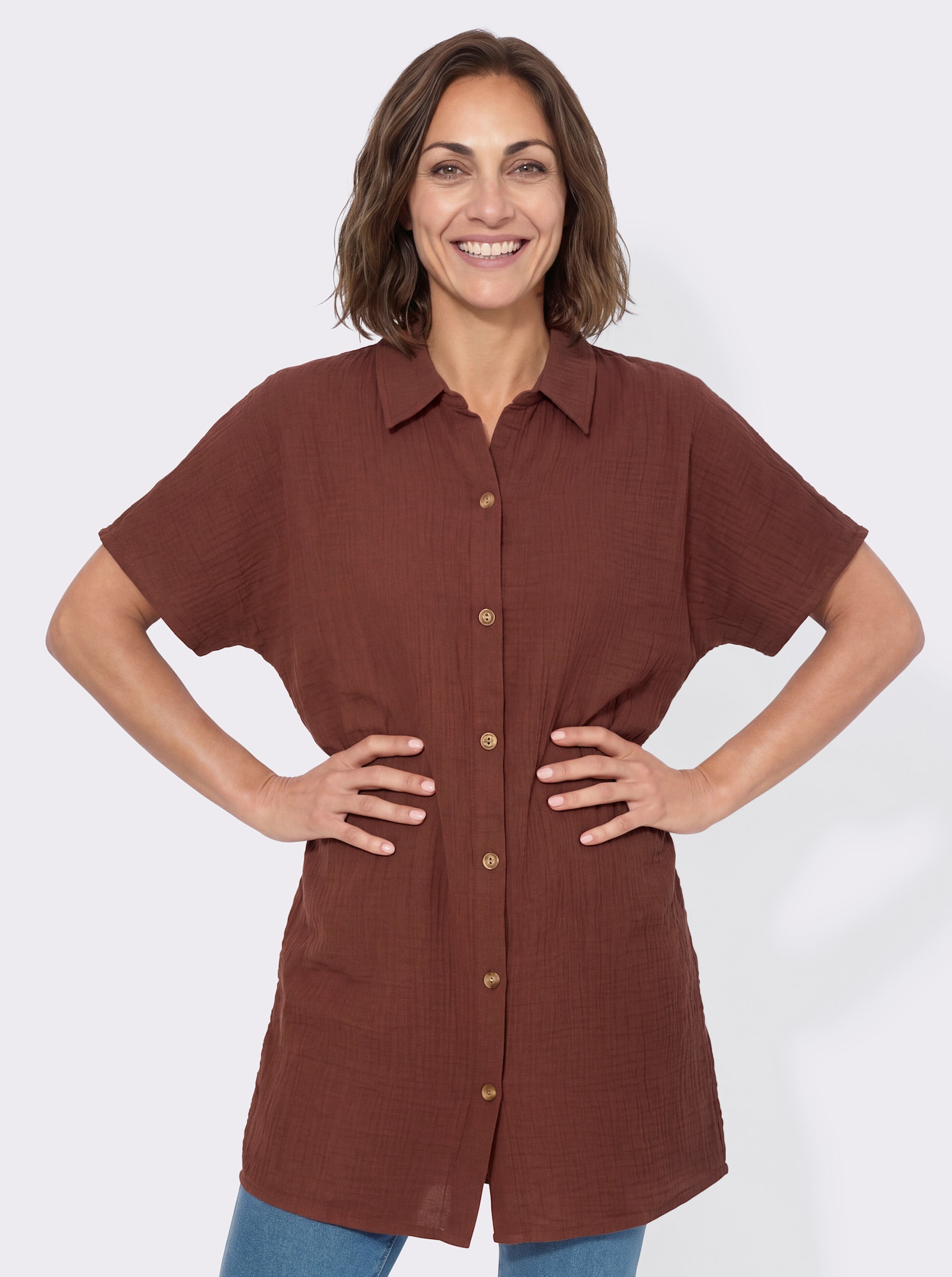 Longbluse mit Knopfleiste - rotbraun