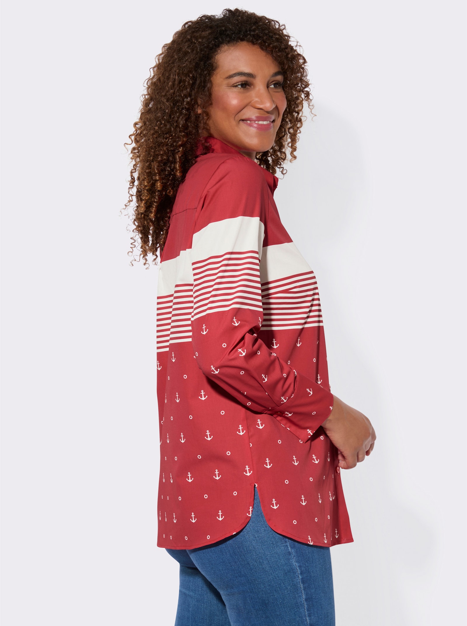 Langarm-Bluse mit Hemdkragen - erdbeere-weiß-gestreift