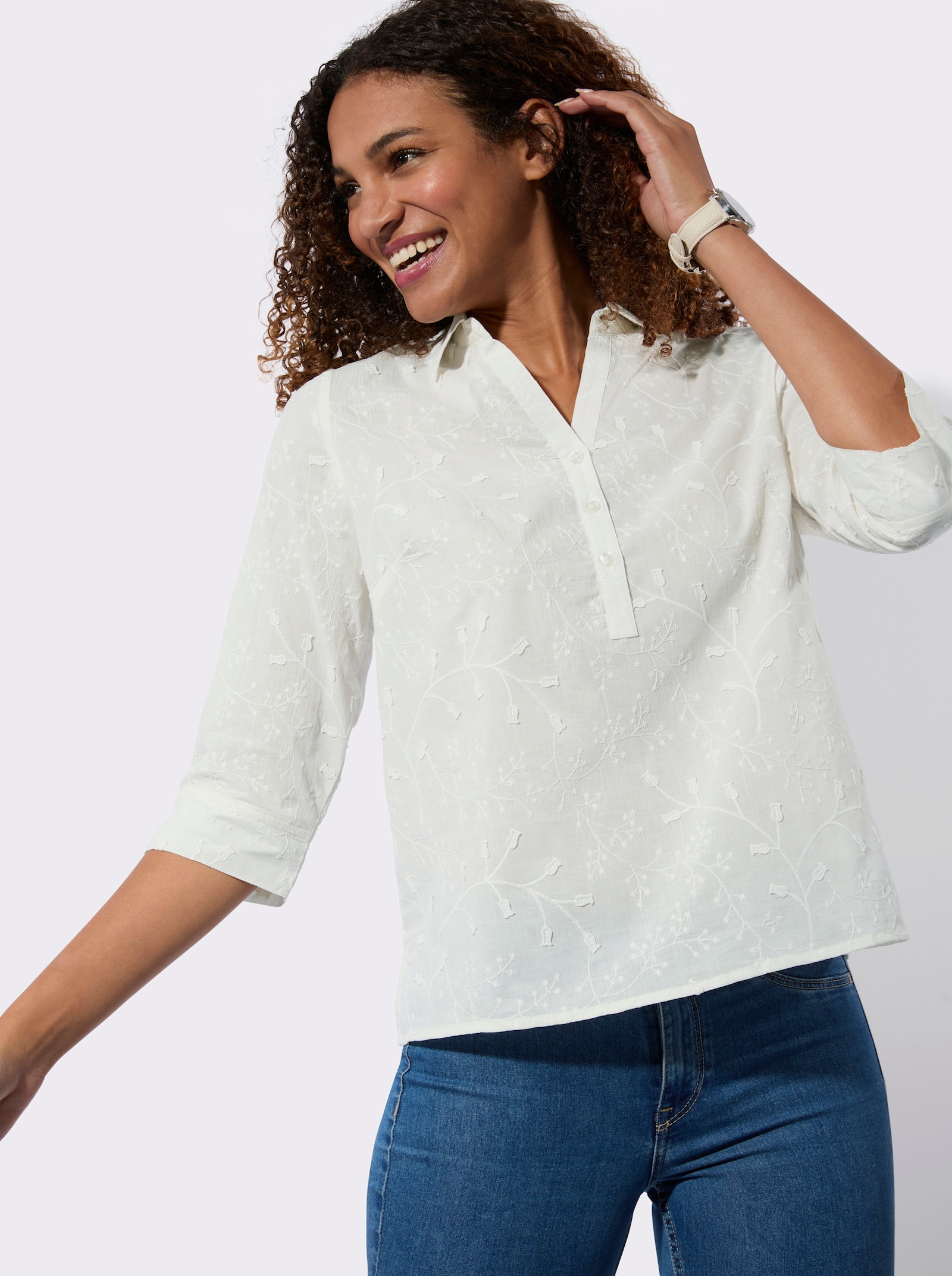 Baumwollbluse Mit 3-D-Blütenstickerei - ecru