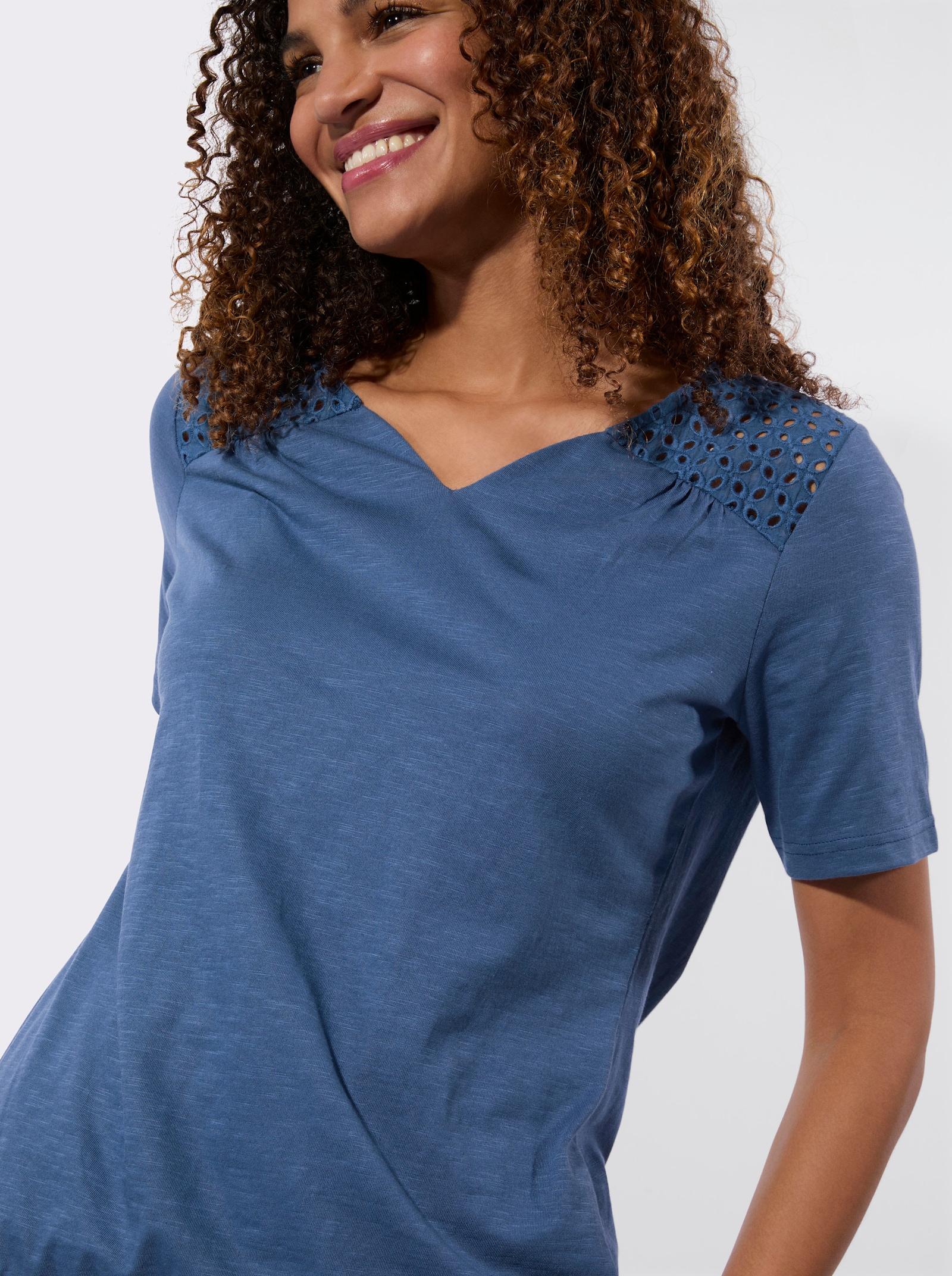 Krajkové tričko s elastickým dolním lemem - džínová modrá