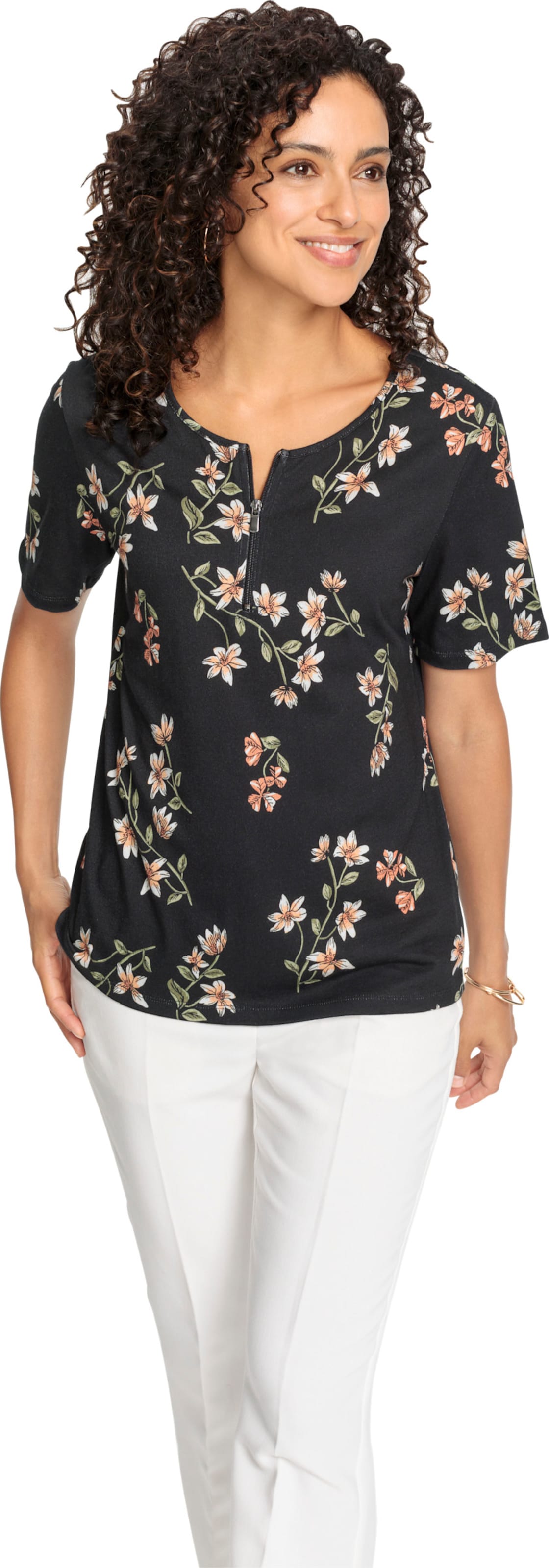 Schwarz-Ecru-Bedruckt Kurzarmshirt
