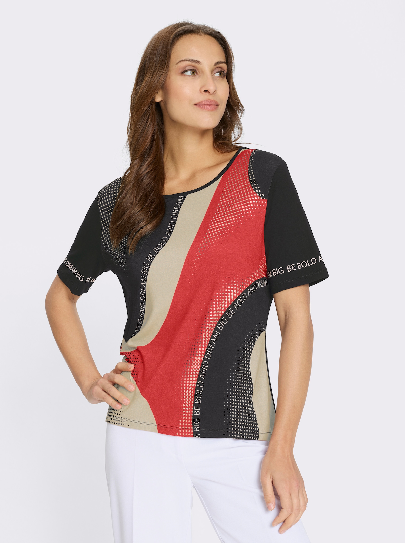 Kurzarmshirt mit einfarbigem Rückenteil - erdbeere-schwarz-bedruckt