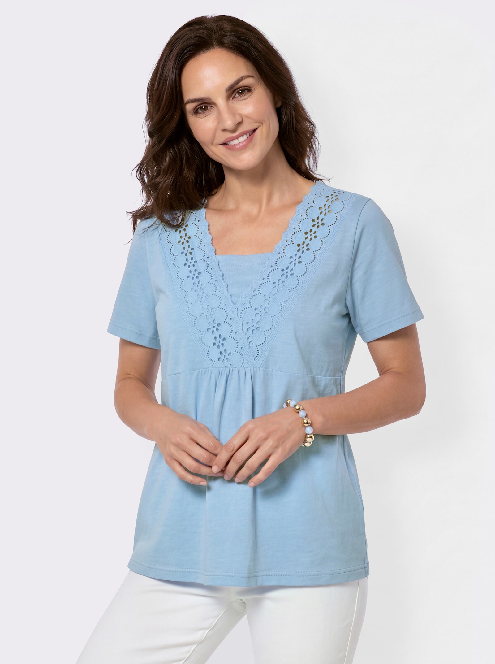 Tunikashirt mit Spitzenblende am Ausschnitt - eisblau
