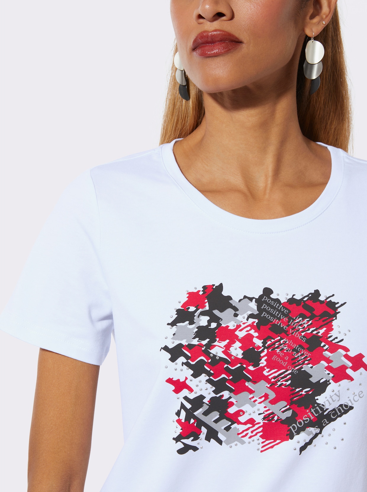 Rundhalsshirt - weiß-rot-bedruckt