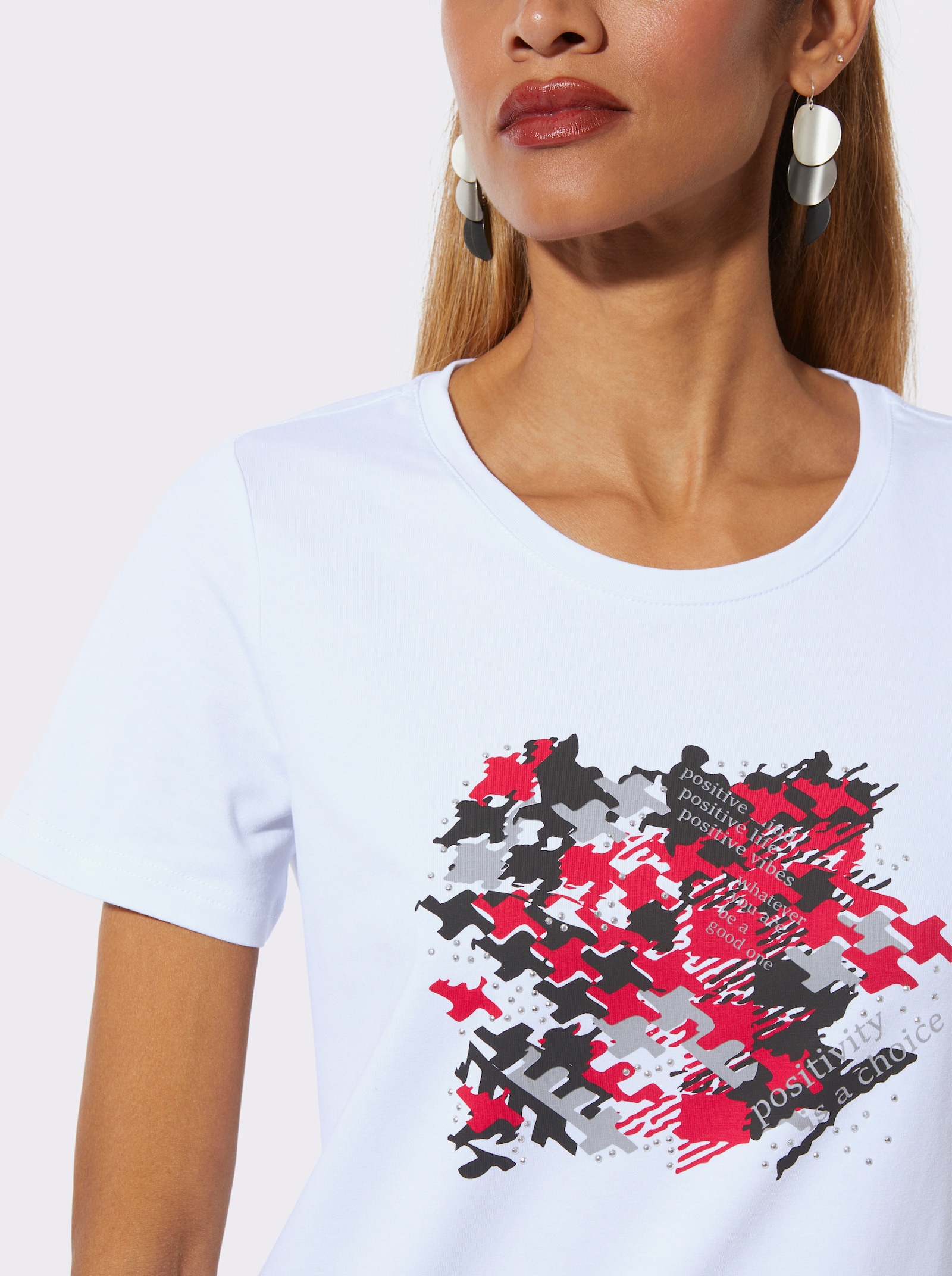 Rundhalsshirt - weiß-rot-bedruckt