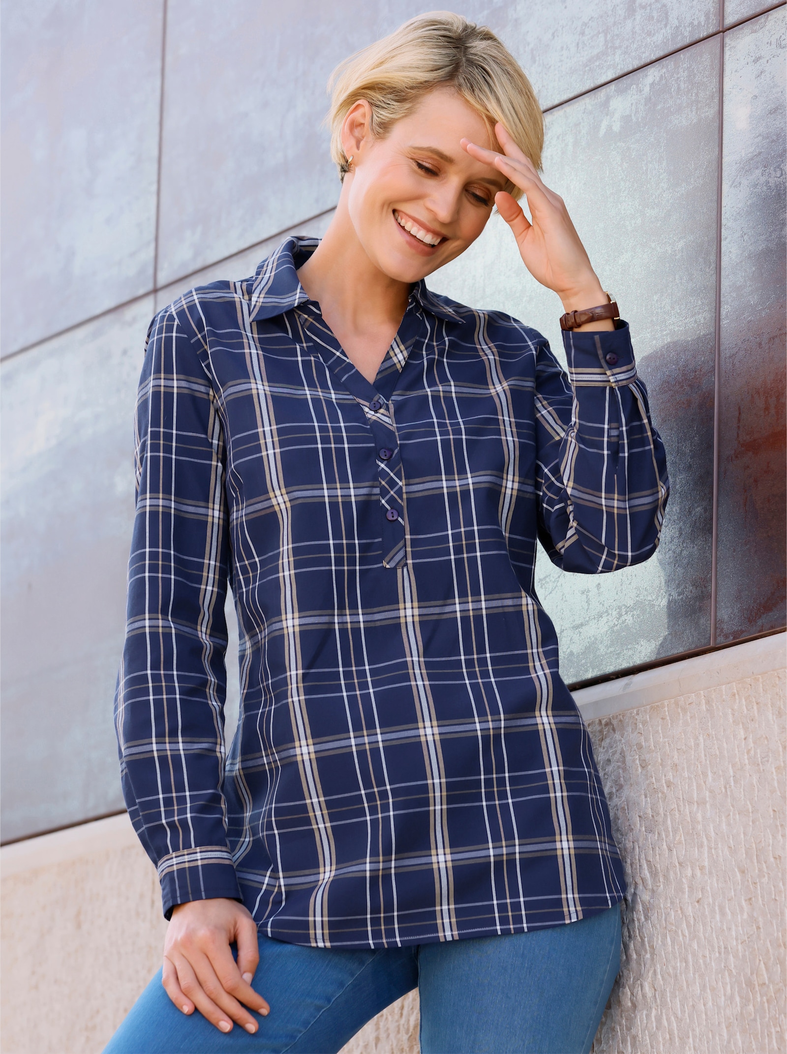 Longbluse mit Karo-Muster - marine-weiss-kariert