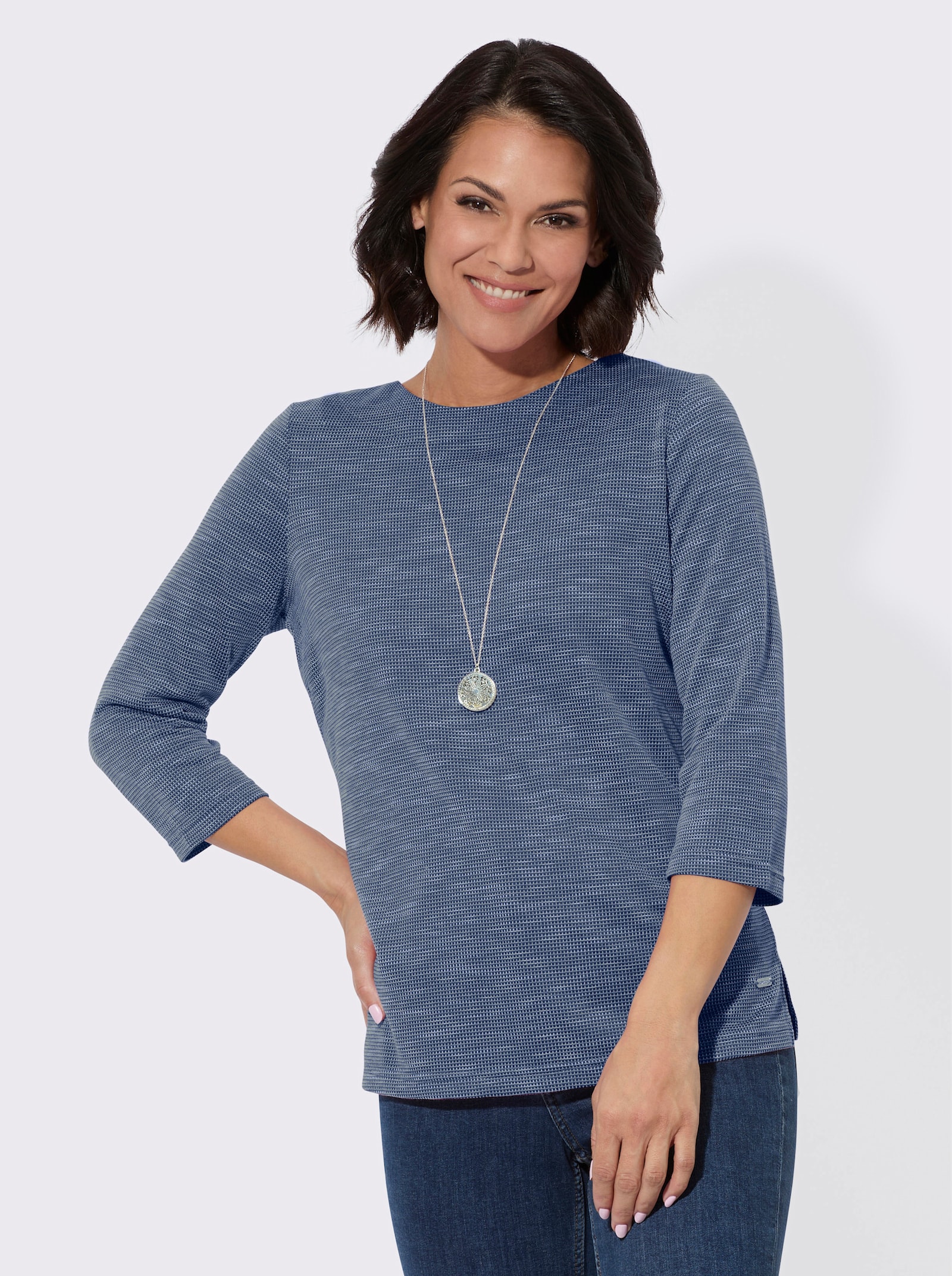 3/4-Arm-Shirt mit U-Boot-Ausschnitt - jeansblau-ecru-gemustert