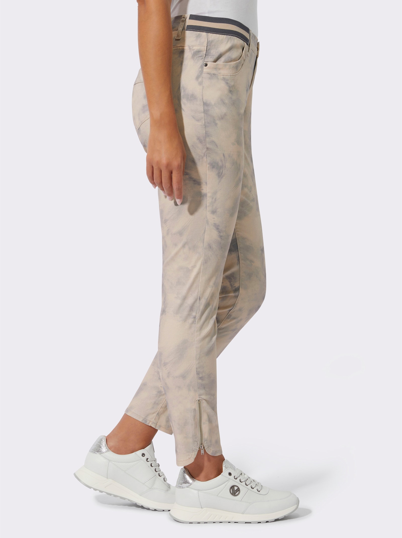 Druckhose in Batik-Optik - elfenbein-steingrau-bedruckt